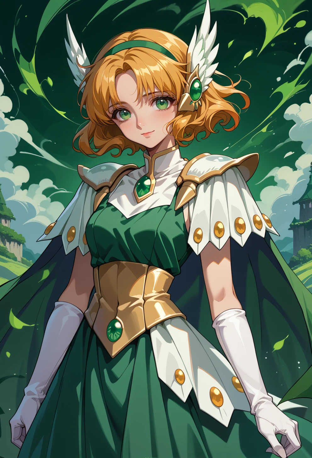 score_9, score_7_up, source_anime, solo, BREAK <lora:AEFuu-000009:0.9> 
AEFuuFinal, armored dress, green cape, elbow gloves, gem, green dress, green gemstone, hair ornament, head wings, pauldrons, sleeveless, white footwear, white gloves, wing hair ornament, 
light smile,  full body,