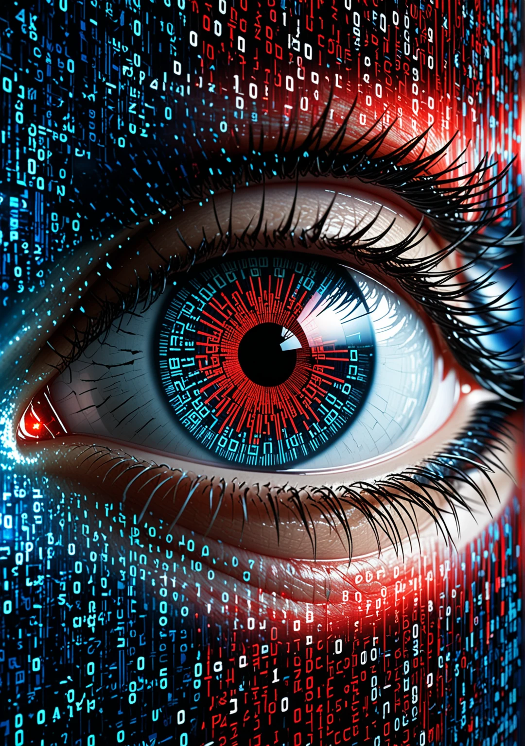 Book cover for "Zero Day: The Digital Apocalypse". A human eye with binary code reflected in the pupil. Cracks spread across the image like a broken screen. Background fades from deep blue to black. Red warning symbols and lines of code float in the space around the eye. Title in a sharp, digital font that glitches occasionally. Author name in steady, contrasting text.