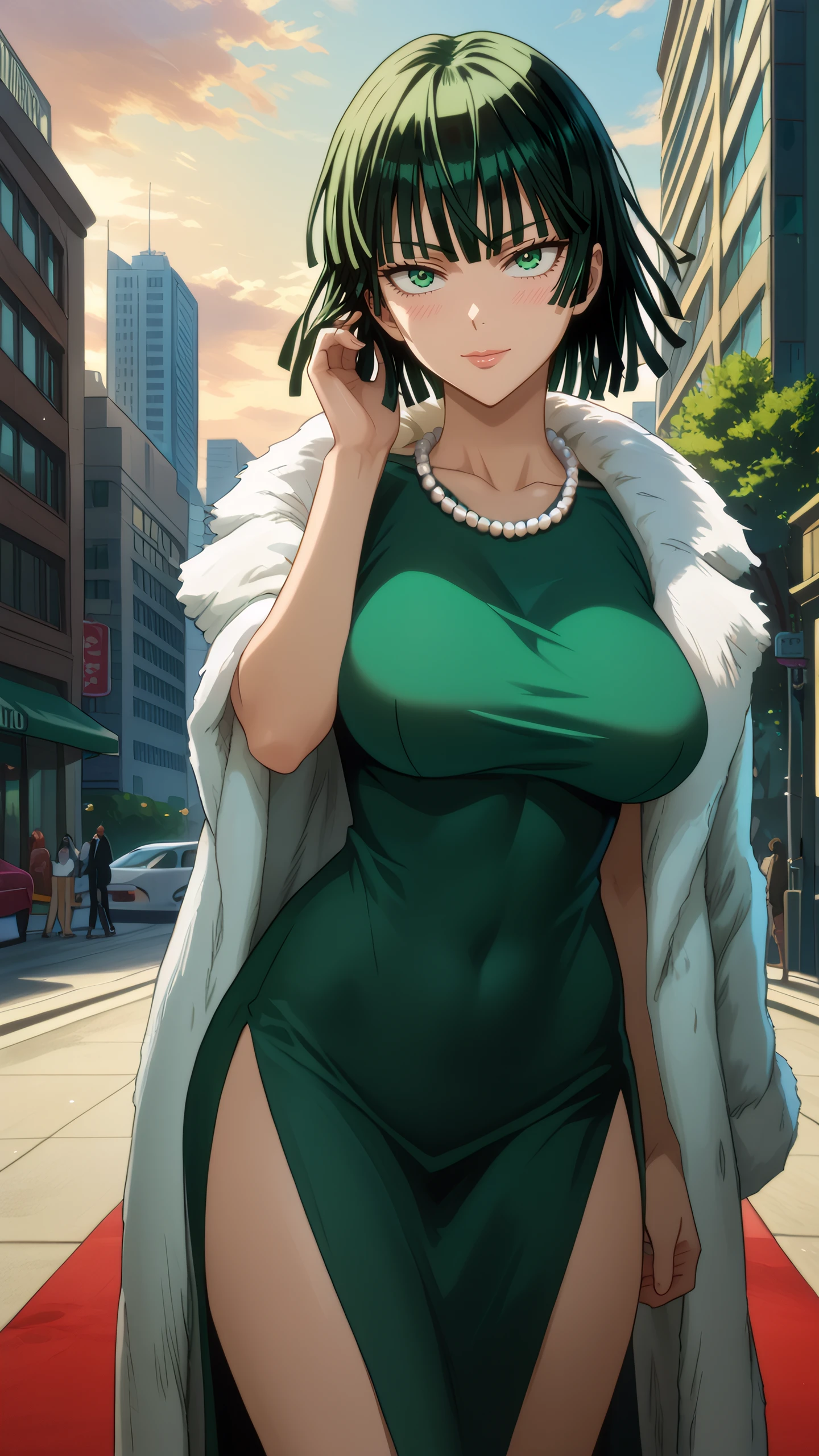 score_9, score_8_up, score_7_up, 1girl, looking at viewer, cowboy shot, mature female, <lora:Hotd_Artstyle_Dwnsty:1> , hotd-artstyle,
fubuki (one-punch man), one-punch man, black hair, short hair, blunt bangs, green dress, impossible clothes, fur coat, pearl necklace,
large breasts, lips, light smile, blush,adjusting hair, adjusting clothes,
outdoors, red carpet, building, city,