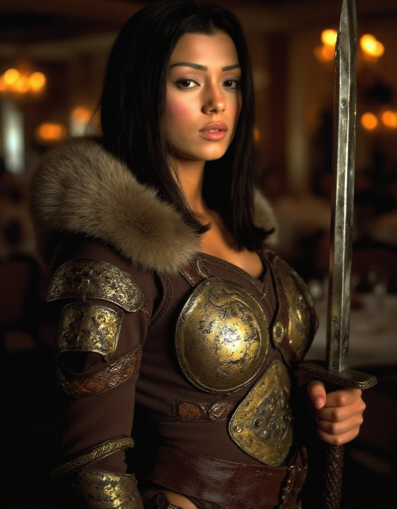 Tabatha Cash is a dark hair woman. Her hairs are completly braided. She is a viking warrior and wears a light bronze armor and fur. she holds a big sword in an viking tavern  <lora:Tabatha_Cash:0.9>