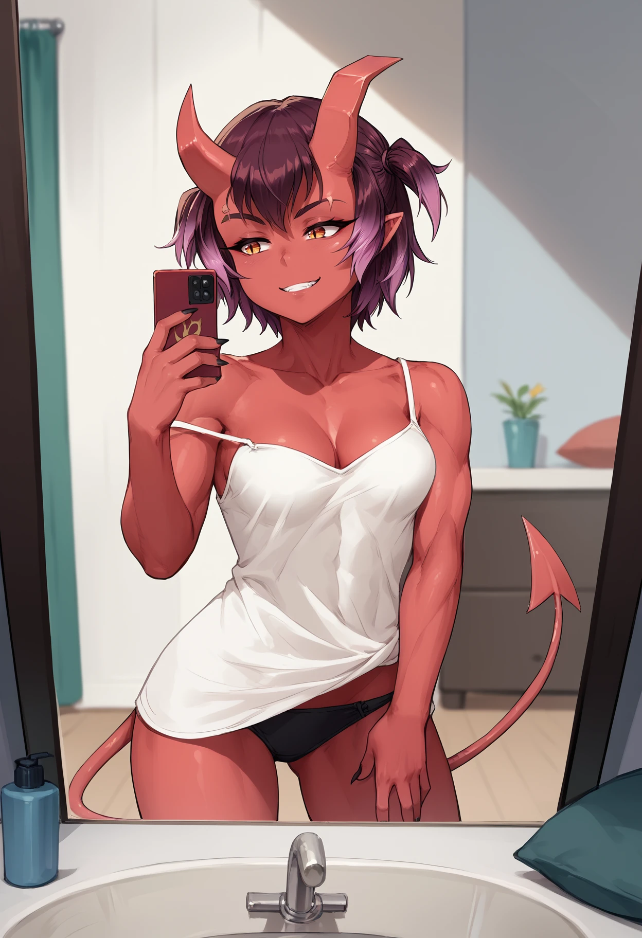 score_9, score_8_up, score_7_up, 1girl, asuraEro, red oni, colored skin, pointy ears, oni horns, broken horn, orange eyes, slit pupils, eyebrow cut, short hair, gradient hair, hair between eyes, short twintails, demon tail, medium breasts, toned, black nails, 
white camisole, sleeveless, strap slip, strapless, off-shoulder camisole, cleavage, midriff, black panties, underwear, no pants,
looking at mirror, holding phone, smile,
indoors, reflection, solo,
<lora:Asura-dirtyero-PDXL_V1-Manityro-CAME:1.0>,