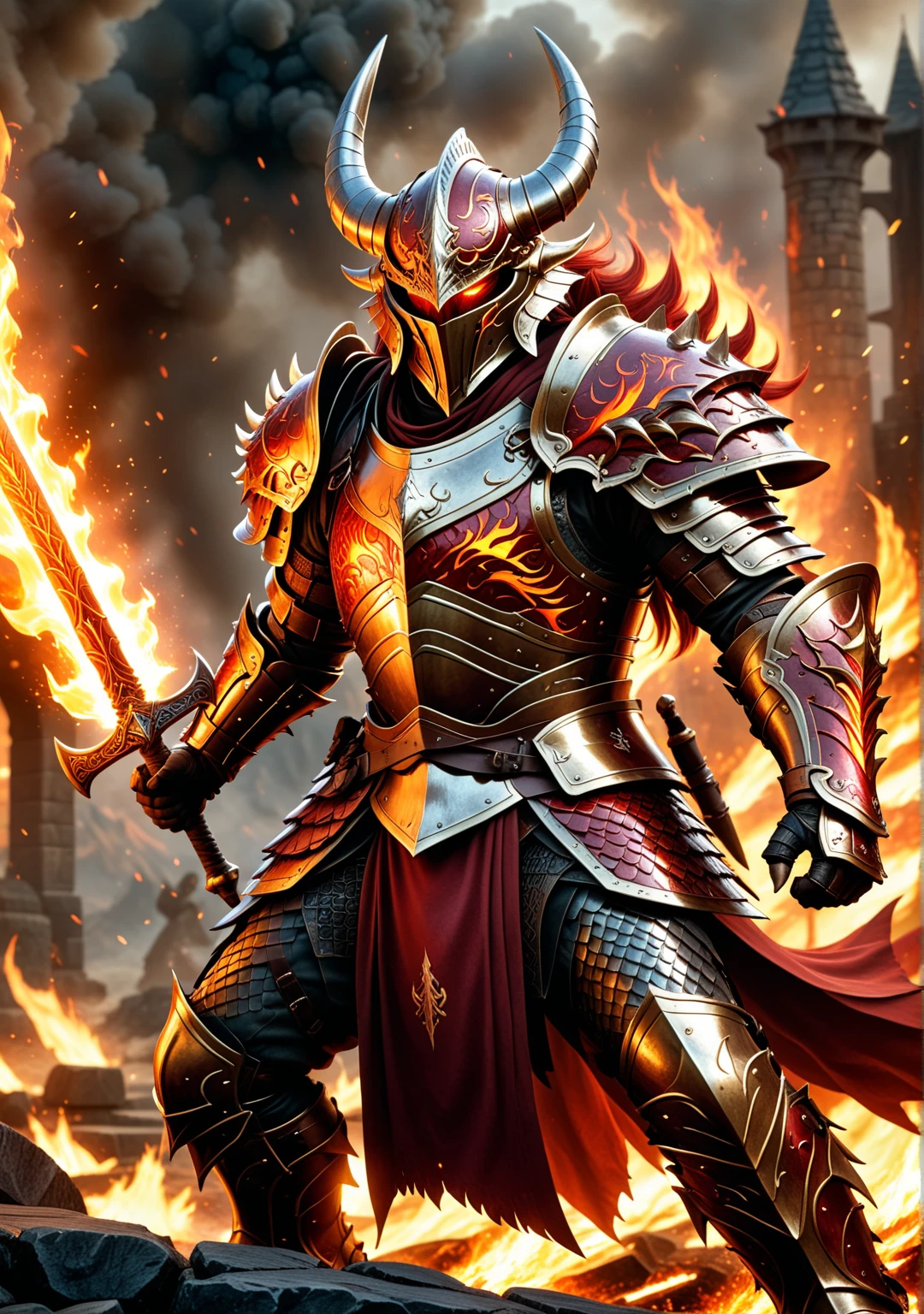 A powerful dragonborn warrior in battle stance. Scales glisten in shades of crimson and gold. Heavy plate armor with draconic motifs. Wielding a massive greatsword wreathed in flames. Steam escapes from nostrils, eyes blaze with inner fire. Background of a war-torn battlefield. Dynamic pose, dramatic lighting, hyper-detailed textures.