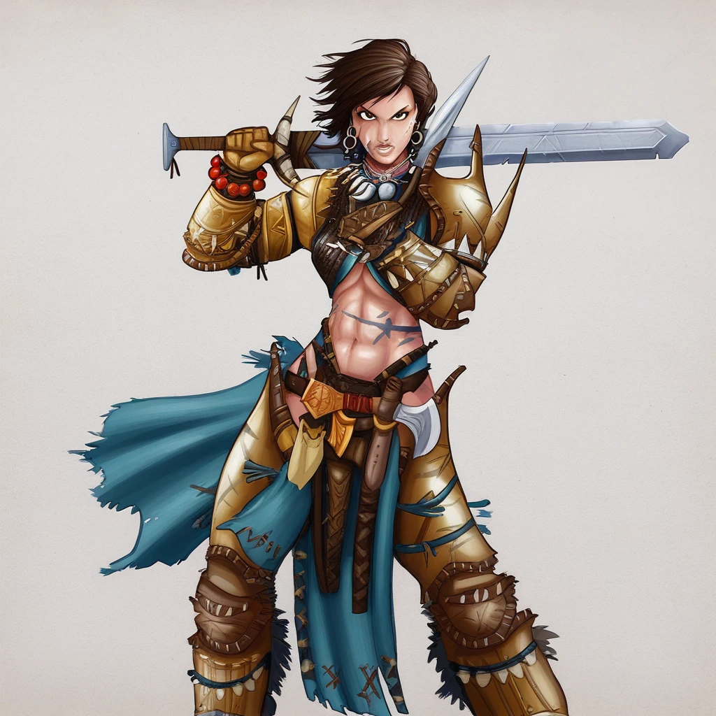 AmiriPathfinder,1girl,solo,armor,sword,brown hair,jewelry,midriff,navel,abs,earrings,shoulder armor,scars,pauldrons,large breast,muscular female,tattoos,underboob,belt,brown eyes,necklace,boots,gloves,short hair,lips,facial tattoo,beads,bracelets,greaves,pelvic curtain,legs armor,bracer,leather bracers,leather armlet,leather armor,sheath,sexy pose,