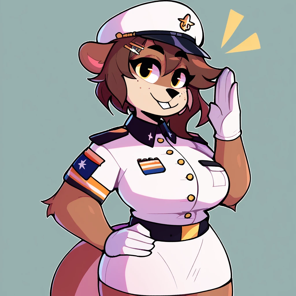 score_9_up, score_8_up, score_7_up, score_6_up, half-length portrait,  by remanedur, furry female, otter, female, furry, short hair, yellow eyes, dark brown hair, looking at viewer, hairclip, big breasts, military, white uniform, white short skirt, (salute), high heels, solo, smile,  happy, three-quarter view, head tilt, white gloves, hairclip, standing, white hat, brown body, simple background,  <lora:Leah_Pines(AIM)_XL_v1:0.9>, <lora:PDXL_artist_tags_v2_big:0.7> <lora:The-Minuscule-Task_PDXL_v1.0:0.6> <lora:Pearl_Aurora_v2_WirelessShiba:0.3>