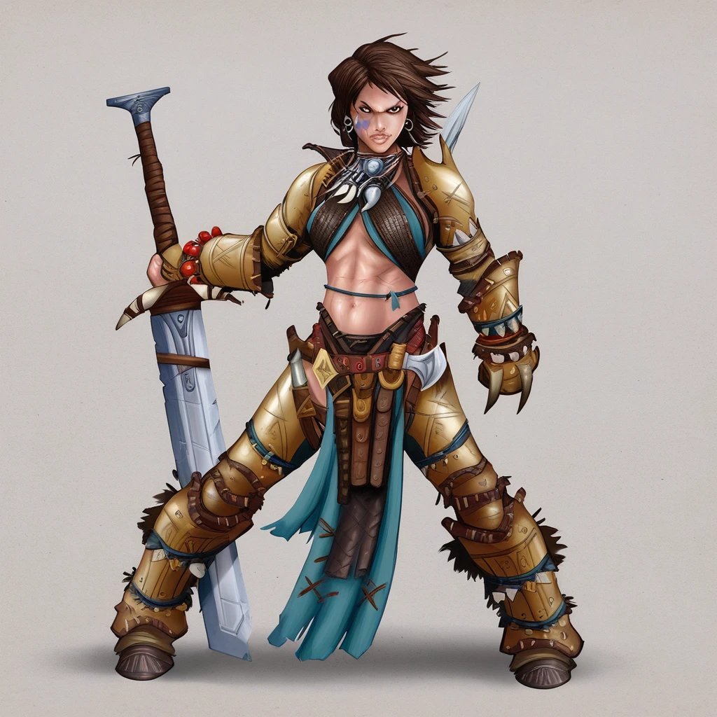 AmiriPathfinder,1girl,solo,armor,sword,brown hair,jewelry,midriff,navel,abs,earrings,shoulder armor,scars,pauldrons,large breast,muscular female,tattoos,underboob,belt,brown eyes,necklace,boots,gloves,short hair,lips,facial tattoo,beads,bracelets,greaves,pelvic curtain,legs armor,bracer,leather bracers,leather armlet,leather armor,sheath,seductive pose,