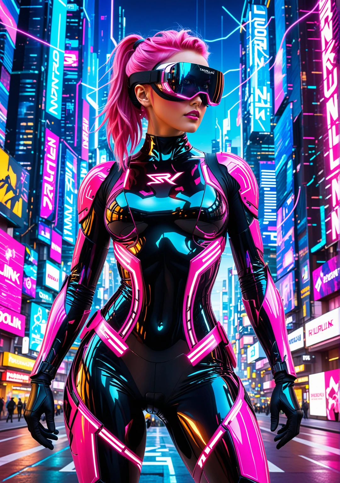 Buxom cyber-ninja hacker, neon pink hair, cybernetic arm, skin-tight bodysuit with digital patterns, VR goggles, surrounded by holographic screens, futuristic cityscape, bold title "NEUROLINK", vibrant neon colors, dynamic composition, exaggerated proportions, speed lines, lens flares