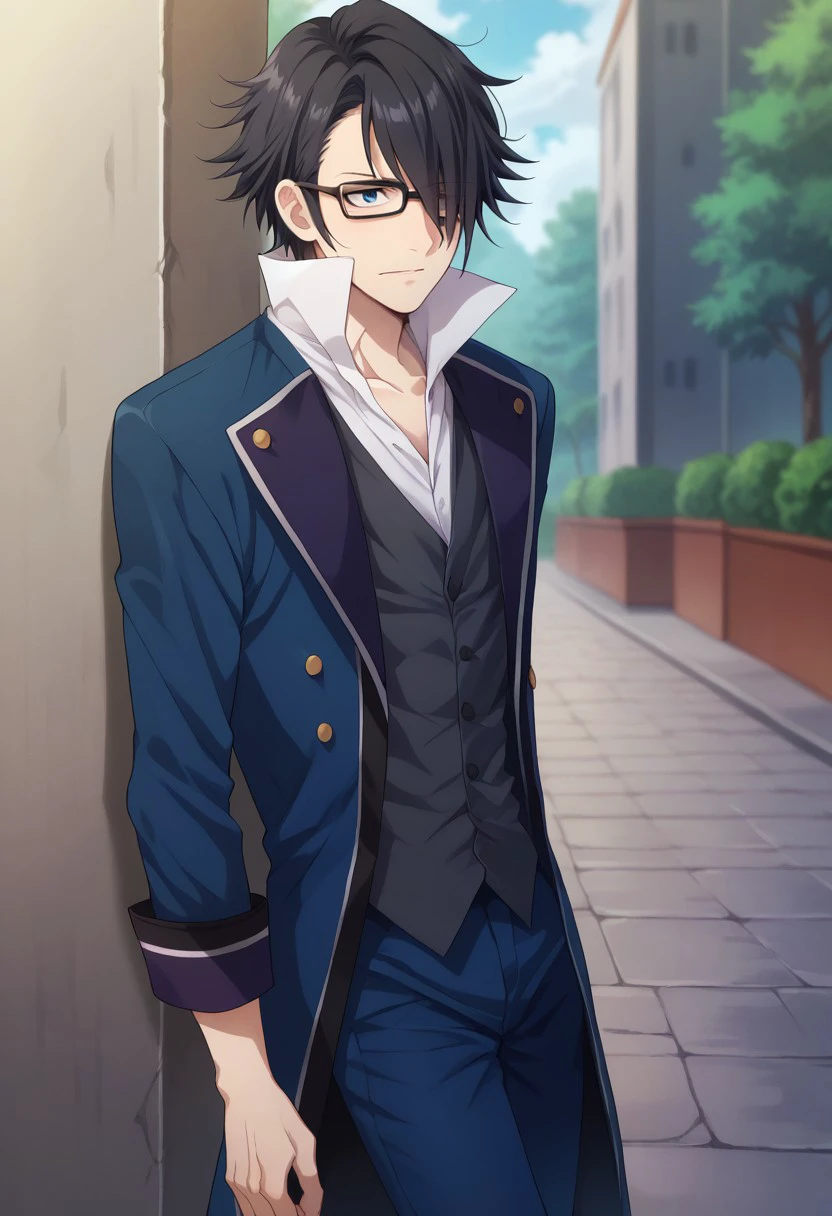 score_9, score_8_up, score_7_up, source_anime, highly detailed, 

saruhiko, 1boy, male focus, solo, black hair, hair over one eye, blue eyes, glasses, shirt, white shirt, high collar, vest, jacket, blue jacket, coat, pants, blue pants,

outdoor,