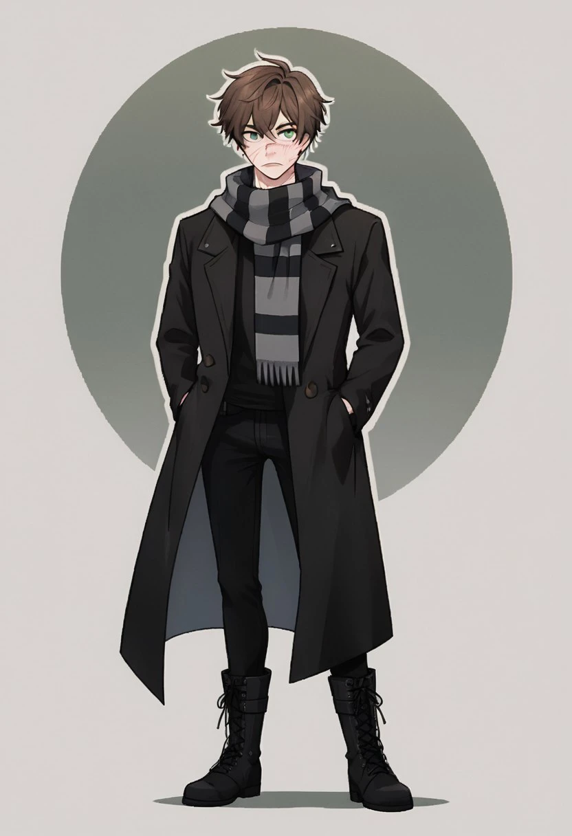 1boy, green eyes, short brown hair, scars around nose and mouth, black stripped scarf, black coat, black pants, black boots, solo, male focus, full body, standing