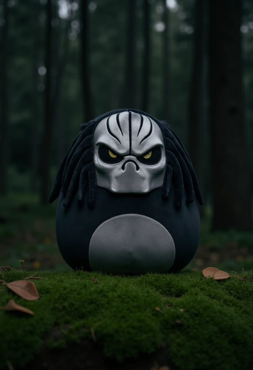 <lora:Squishmallows_FLUX:1.1>
The image is a high-resolution photograph of a plush toy in a dark forest, specifically a stuffed animal designed to resemble The Predator. The plush toy has a round, plump body covered in a soft, velvety fabric, which gives it a plush and cuddly texture.