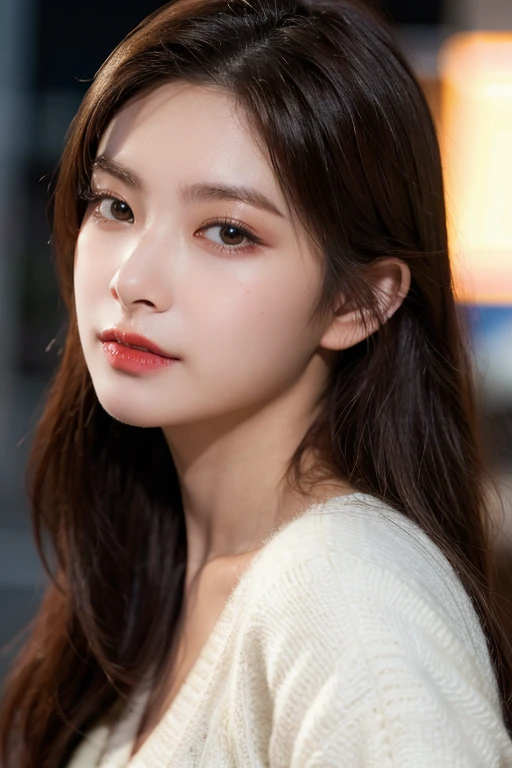 masterpiece, best quality, ultra-detailed, ultra high res, (photorealistic:1.4), raw photo, (realistic:0.2), 8k HDR, realistic lighting, 1girl, solo, (asian:0.2), asymmetrical hair, outdoor, night, (simple background:1.4), bokeh, (detailed lips), (detailed pores), (detailed skin textures), (detailed face:1.2), (full body:1.2), a woman in a cardigan, promotional image, a character portrait,