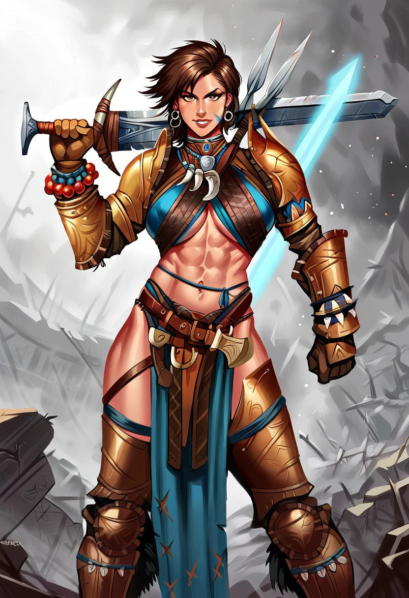 AmiriPathfinder,1girl,solo,armor,sword,brown hair,jewelry,midriff,navel,abs,earrings,shoulder armor,scars,pauldrons,large breast,muscular female,tattoos,underboob,belt,brown eyes,necklace,boots,gloves,short hair,lips,facial tattoo,beads,bracelets,greaves,pelvic curtain,legs armor,bracer,leather bracers,leather armlet,leather armor,sheath,,seductive pose,ruins,sexual pose,dat ass,
score_9, score_8_up, score_7_up, beautiful aesthetic, very intricate, high quality details,vibrant, highly detailed, award-winning, professional,anime artwork, anime style, studio anime, athletic, toned female,muscular milf,curvy body, athletic girl,fit girl, perky tits,huge breast,perfect tits, round breasts, nipple outline,looking at viewer, pinup pose,teasing, dynamic lighting, cinematic, smug, better than you, aura of temptation, highly detailed, high resolution, masterpiece, detailed clother, detailed background, highly detailed, ((sound effects)) comic layout,