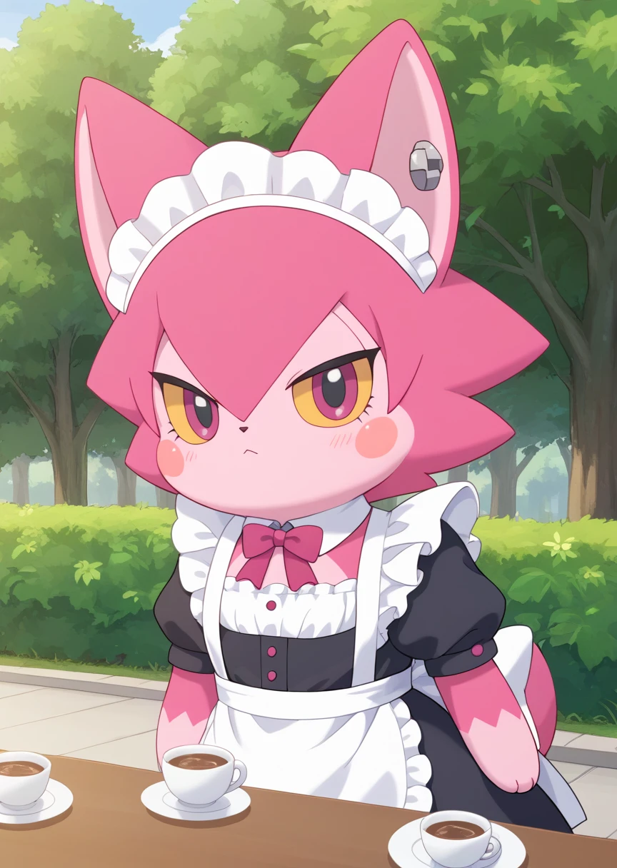 score_9, score_8_up, score_7_up, score_6_up, score_5_up, BREAK
Yurano, anthro, female, no humans, blush stickers, solo, animal ears, 1girl, closed mouth, furry, park, pink fur, colored sclera, yellow sclera, maid outfit, maid headdress, cafe