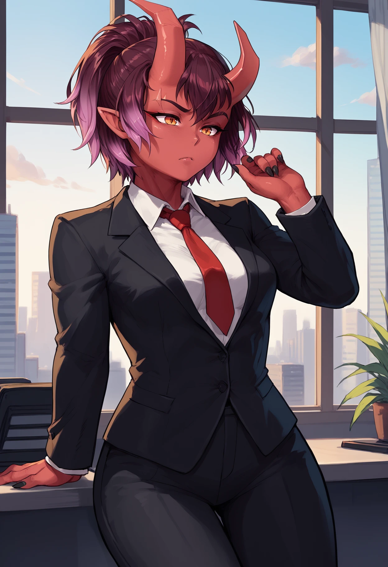 score_9, score_8_up, score_7_up, 1girl, asuraEro, red oni, colored skin, pointy ears, oni horns, broken horn, orange eyes, slit pupils, eyebrow cut, short hair, gradient hair, hair between eyes, ponytail, medium breasts, toned, black nails, 
black blazer, white collared shirt, red necktie, black suit pants, 
facing viewer, hand up,
indoors, office, window, cityscape, skyscraper, 
<lora:Asura-dirtyero-PDXL_V1-Manityro-CAME:1.0>,