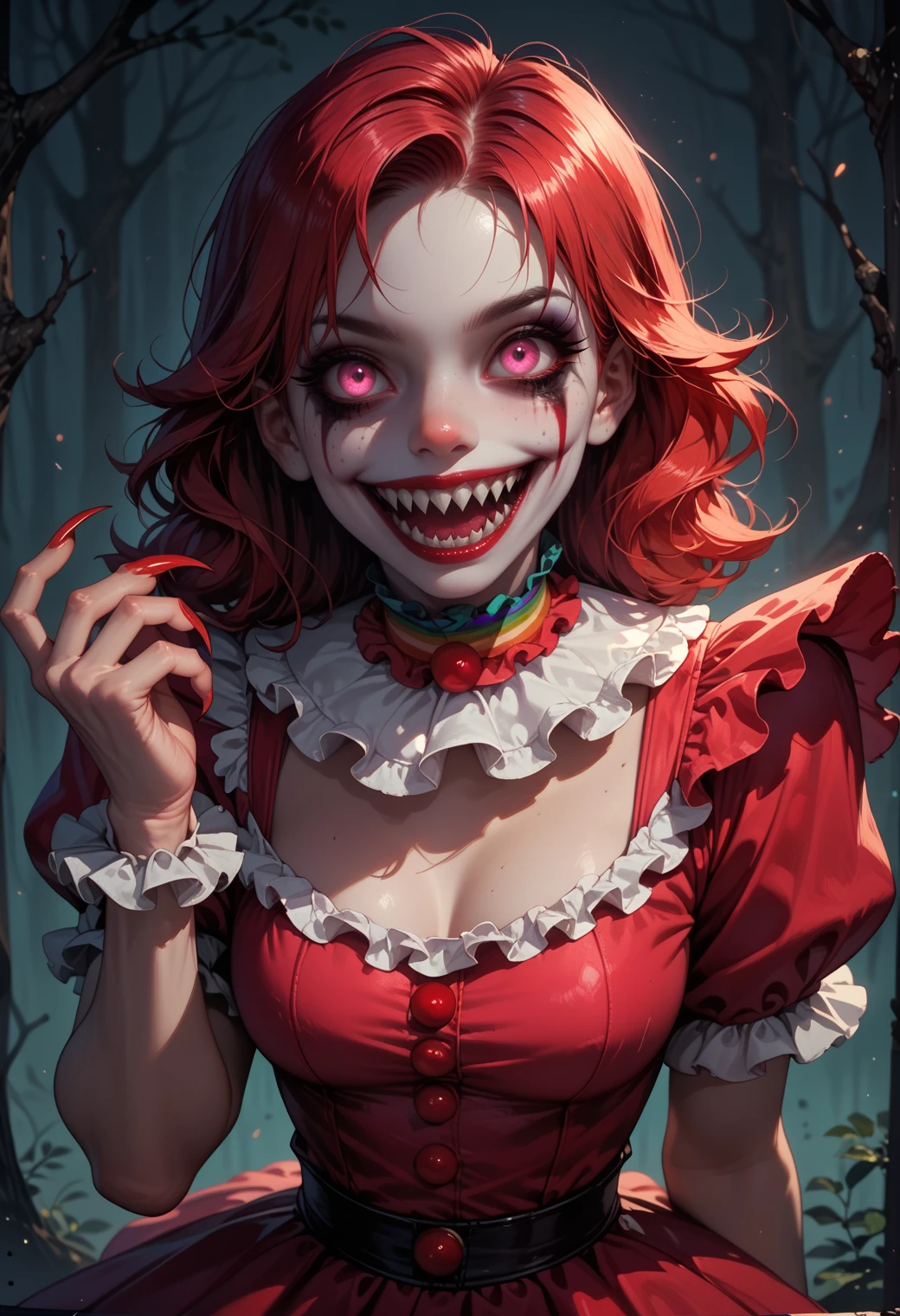 score_9, score_8_up, score_7_up, score_9, score_8_up, score_8, score_7_up, score_7, score_6_up, score_6, score_5_up, spooky, dark atmosphere, 1girl, scary clown costume, solo, breasts, looking at viewer, medium breasts, pink eyes, open mouth, wicked smile, sharp teeth, sharp fingernails, tattered clown costume,