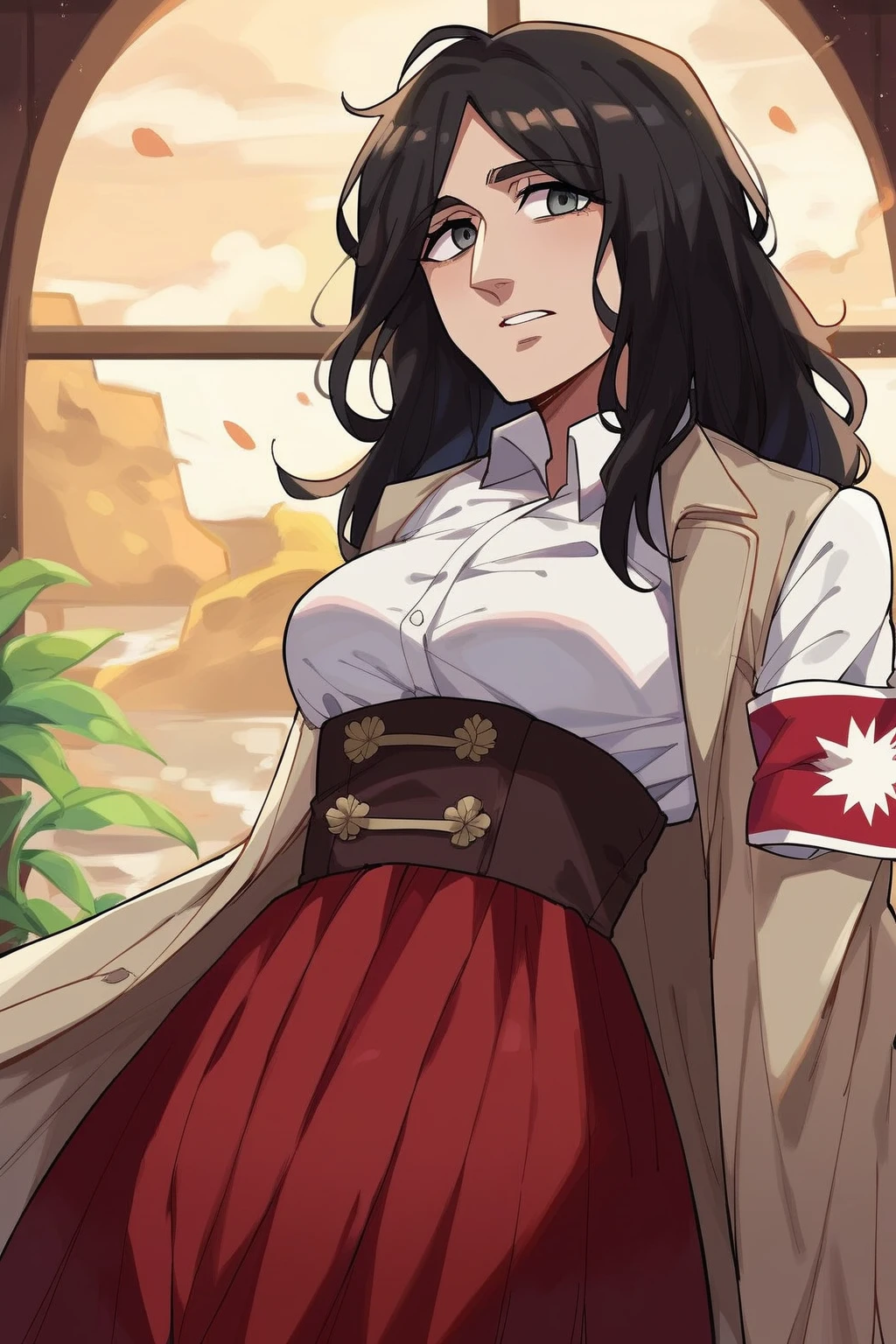 score_9, score_8_up, score_7_up, score_6_up, score_5_up, score_4_up, masterpiece, high quality, BREAK, full body, BREAK, 1girl,  <lora:Pieck Finger:0.8> Pieck Finger, long black hair, messy hair, large breasts, narrow waist, red armband, grey eyes, white blouse, trench coat,