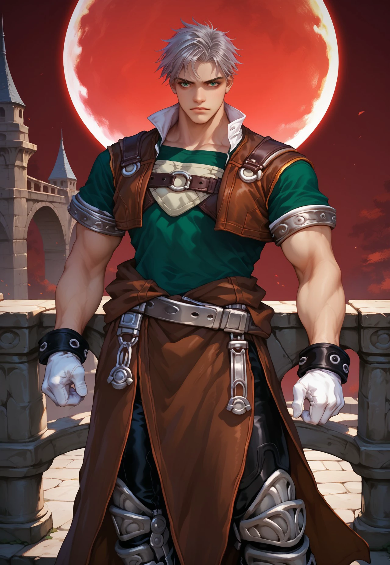 score_9, score_8_up, score_7_up, score_6_up, 1boy, muscular, natgra, steel greaves, brown skirt, black pants, green shirt, leather vest, silver belts, white gloves, silver hair, red moon, stone bridge, (gothic aesthetic:1.3)