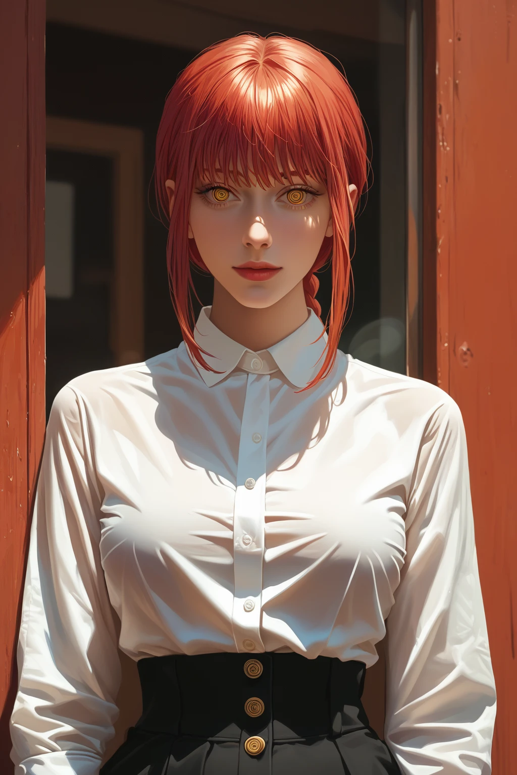 score_9, score_8_up, score_7_up, score_6_up, score_5_up, score_4_up, masterpiece, high quality, BREAK, full body, BREAK, 1girl,  <lora:Makima:0.8> Makima, red hair, yellow eyes, braided ponytail, white shirt, large breasts, rings in eyes, narrow waist, makima (chainsaw man), ringed eyes,