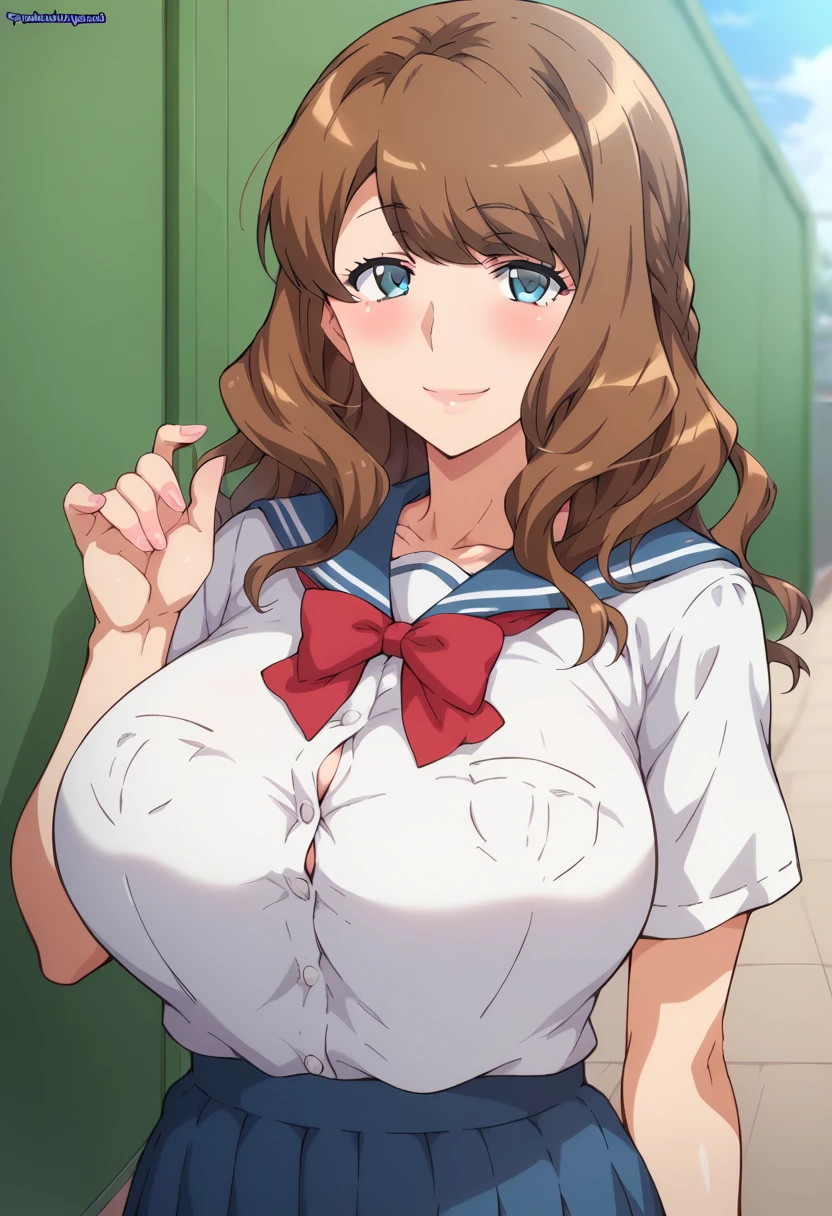 score_9, score_8_up, score_7_up, source_anime, BREAK 1girl,solo,curvy,huge breast,<lora:echinaonechan1xl-10:0.9>,onechanunoxl, brown hair, long hair, blue eyes,mature female,school uniform,blush, looking at viewer, smile