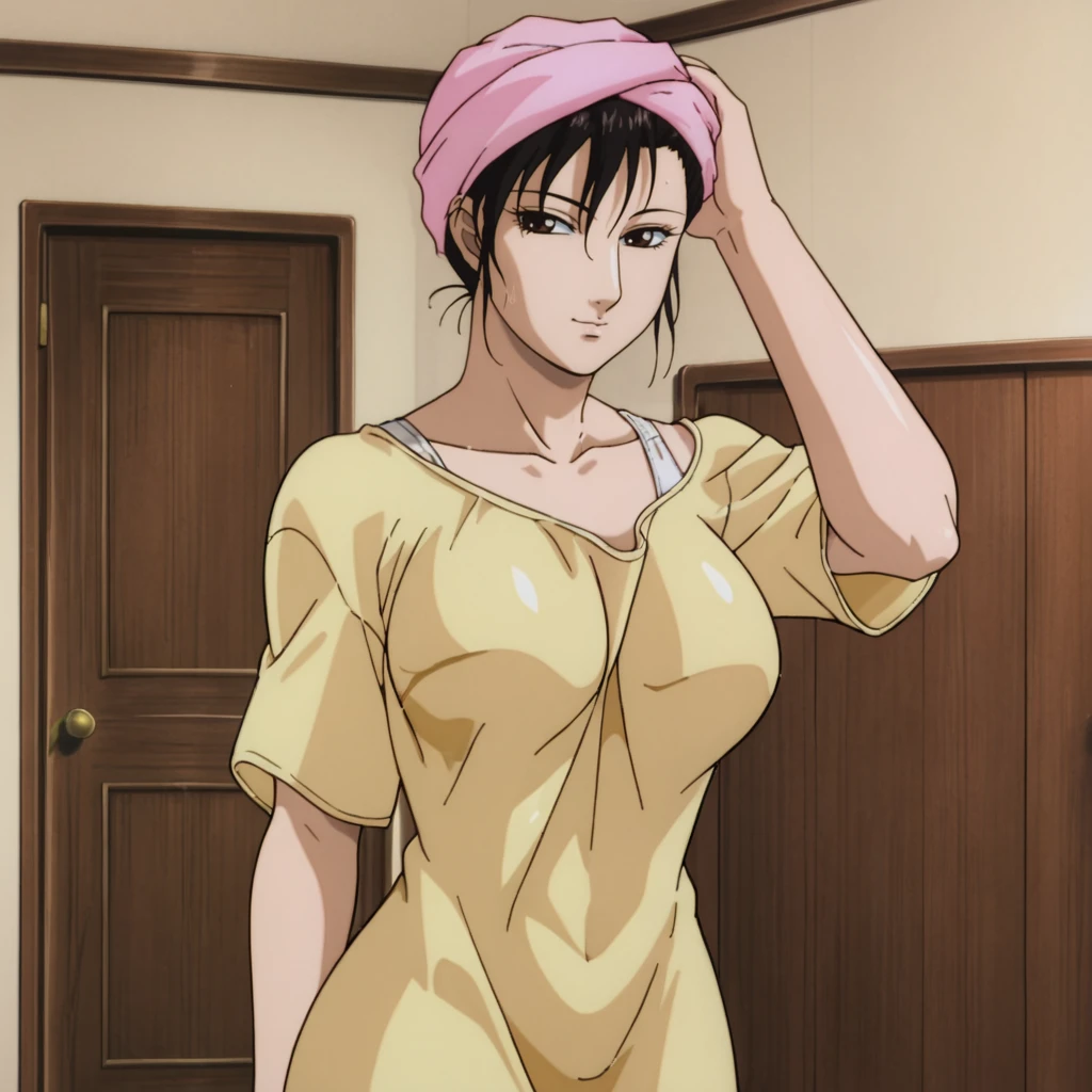 <lora:chunlistreetfighter2animatedmovie_pony_v1:.8> ChunLiMovieTowel, 1girl, towel on head, black hair, mature female, retro artstyle, large breasts, 1990s (style), brown eyes, cowboy shot