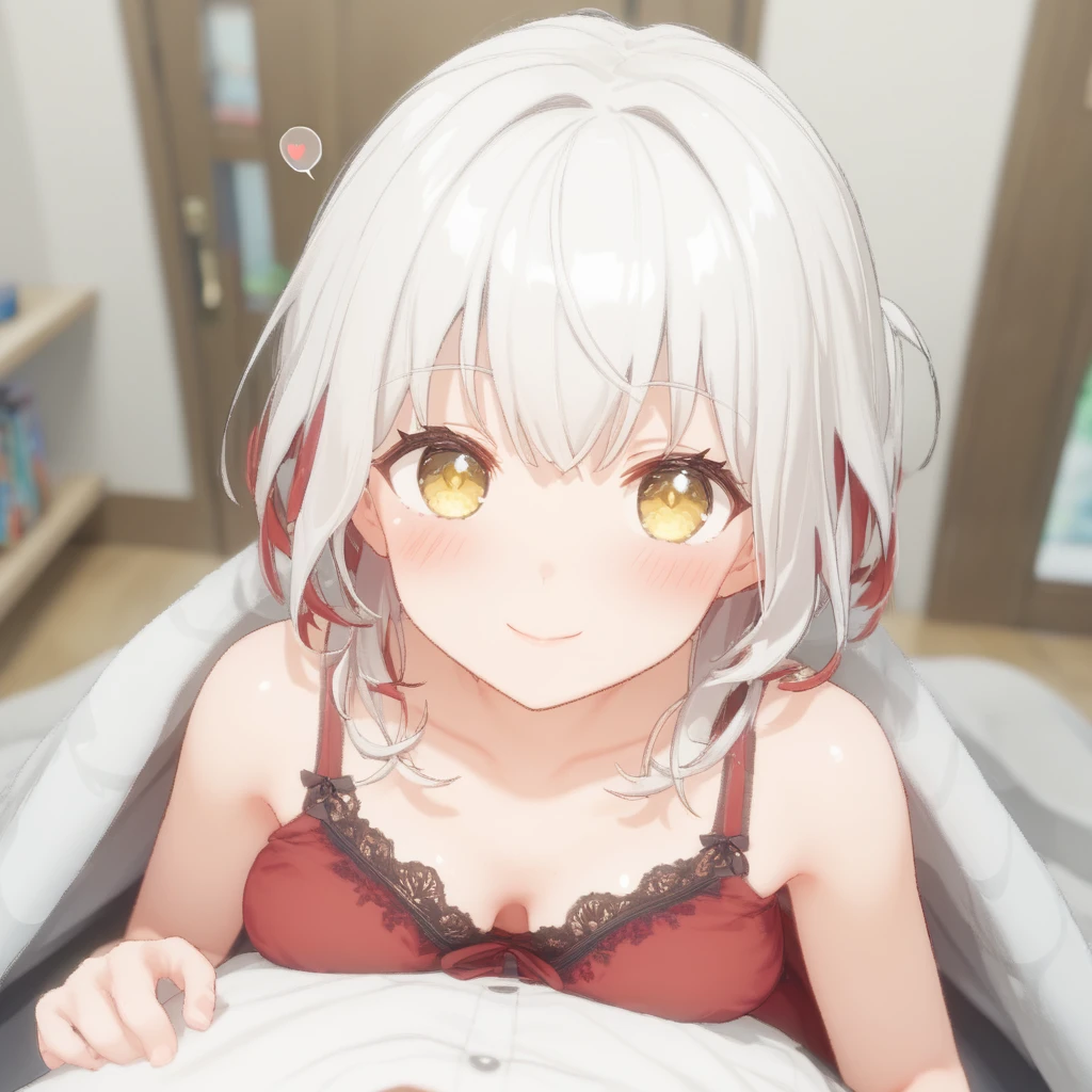 score_9,score_8_up,score_7_up,source_anime,high res image,masterpiece,best quality,cute face,clear skin,shiny hair,ultra detailed eyes,xiaozhi,red hair,1girl,bangs,white hair,yellow eyes,smile,blush,closed mouth,<lora:POV_Hugging_Breast_Press_PDXL:1>,pov hugging breast press,1girl,spoken heart,hug,incoming hug,from above,indoors,breast press,under covers,red_nightgown,otaku room,<lora:Xuanxiaozhi:1>,