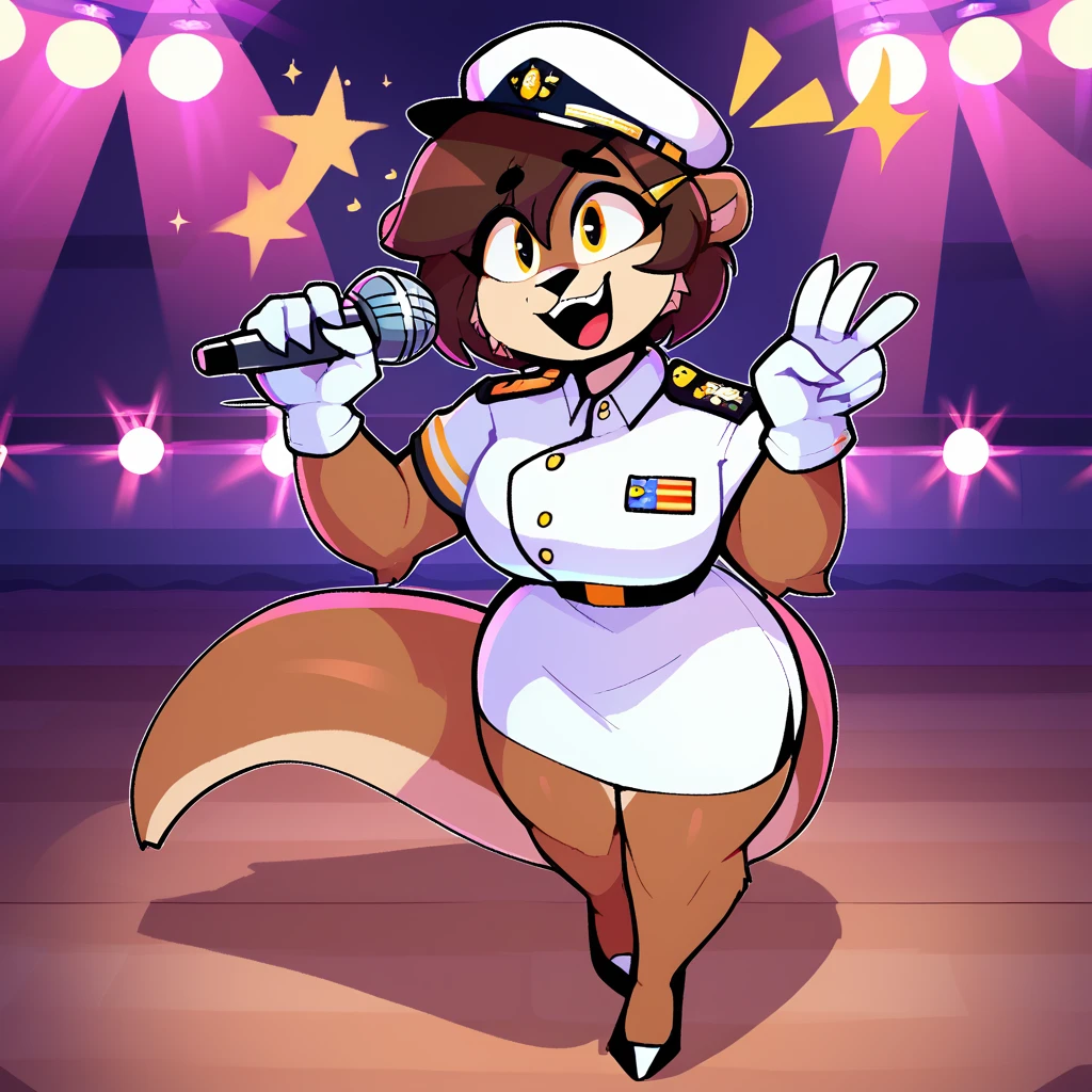 score_9_up, score_8_up, score_7_up, score_6_up, by remanedur, furry female, otter, female, furry, short hair, yellow eyes, dark brown hair, hairclip, large breasts, military, white uniform, white short skirt, tail, gesture, high heels, solo, smile, open mouth, happy, singing, microphone, holding microphone, three-quarter view, head tilt, white gloves, hairclip, standing, white hat, brown body, stage, on stage, lights, screaming,  <lora:Leah_Pines(AIM)_XL_v1:0.7>, <lora:PDXL_artist_tags_v2_big:0.7> <lora:The-Minuscule-Task_PDXL_v1.0:0.6> <lora:Pearl_Aurora_v2_WirelessShiba:0.3>