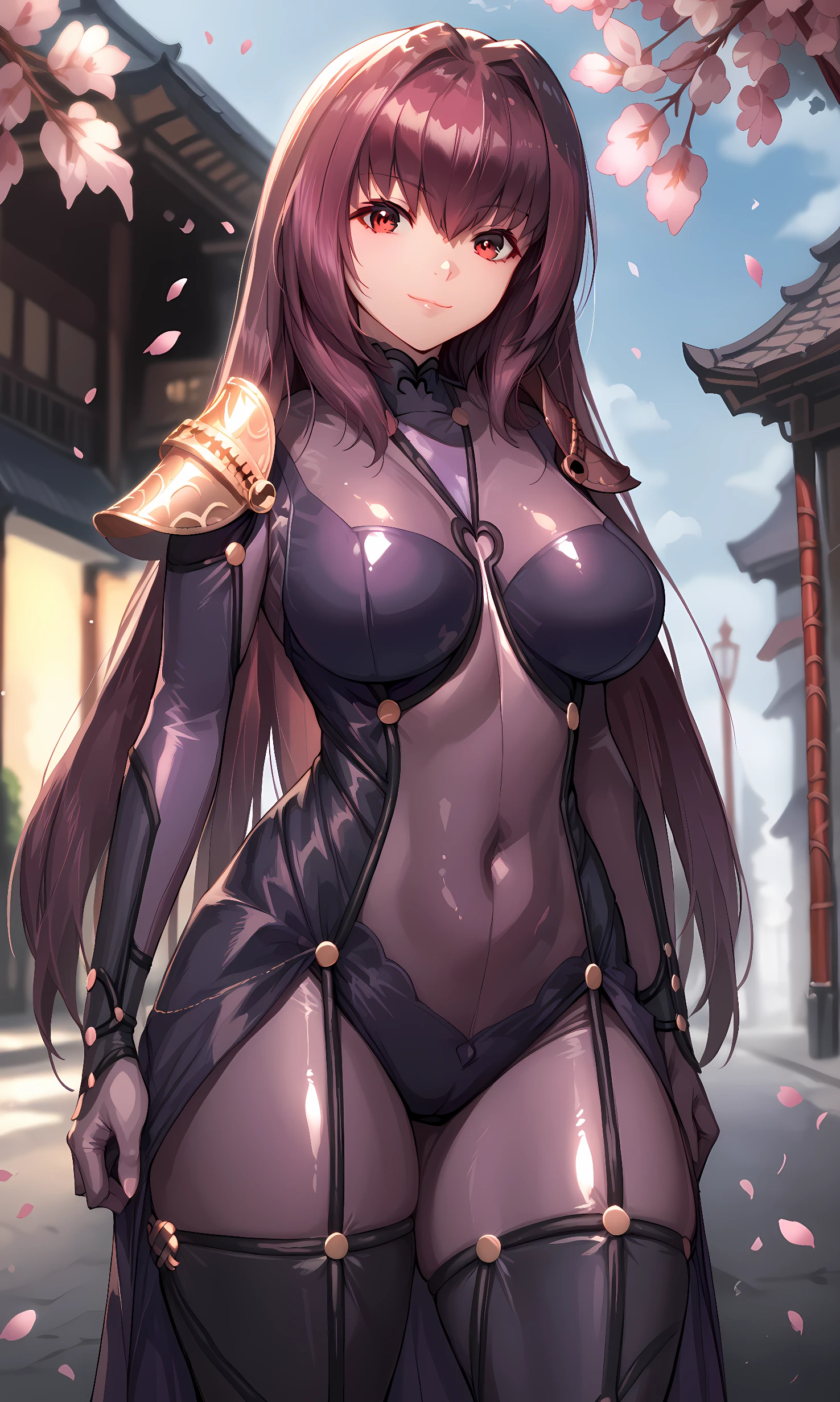 score_9, score_8_up, score_7_up, source_anime, 1girl, solo, outdoors, street, cherry blossoms, cowboy shot, standing, looking at viewer, shiny skin, scathach, red eyes, purple hair, very long hair, purple bodysuit, skin tight, pauldrons, shoulder armor, high heels, black gloves, closed mouth, closed mouth, black bodysuit, smile