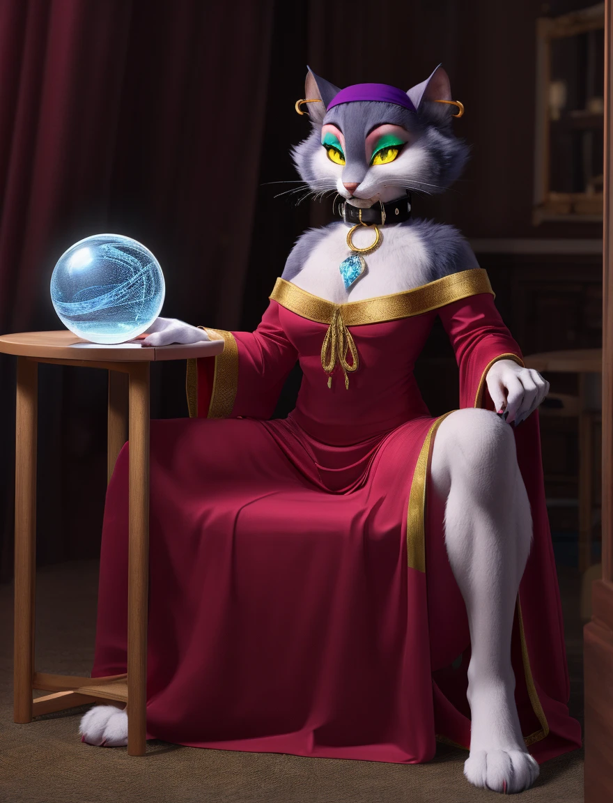 msfortune, female, cat, collar, bandana, yellow sclera, ring piercing, dress, makeup, sitting behind table, crystal ball, , by ajin, <lora:MsFortune_03-YiffyMix-nd064-ep26:1>