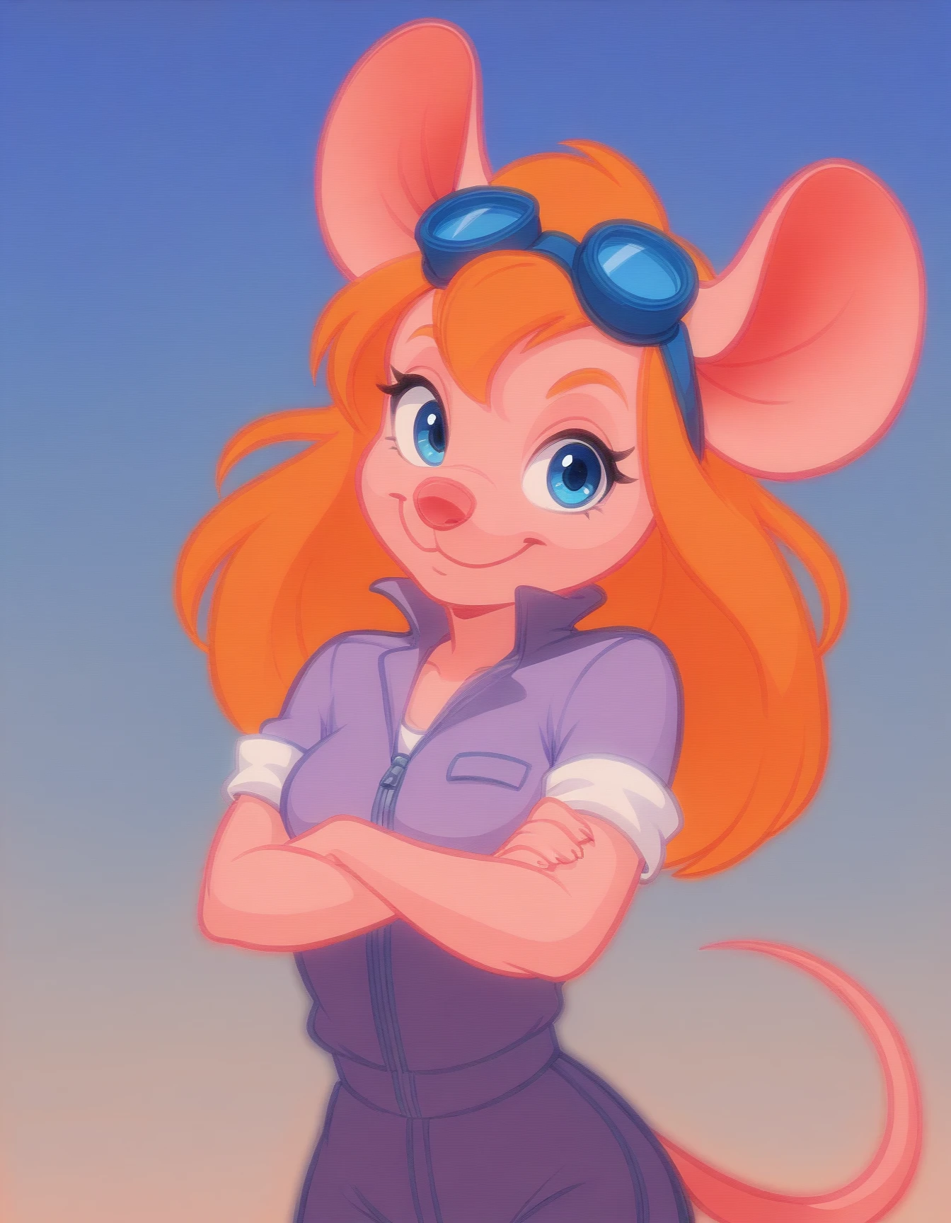 score_9, score_8_up, score_7_up, score_6_up, score_5_up, score_4_up, anthro, solo
Gadget, mouse, short sleeves, blue eyes, pink tail, orange long hair, purple jumpsuit, pink nose, pink skin, gradient background, looking at viewer, crossed arms, closed mouth, smile, aviator goggles on his head
<lora:Gadget_XL:0.9>