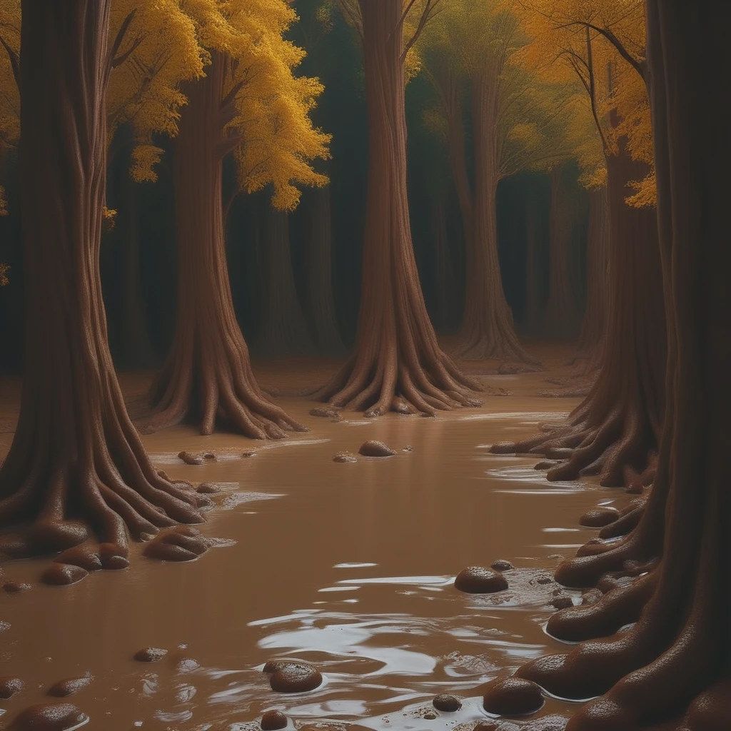 <lora:Chocoslime_DX_V8_-_Realistic_Pony_Photo:1> ,chocoslime, (brown forrest in the fall:1.2), trees, river, rocks, night sky, moon, realistic