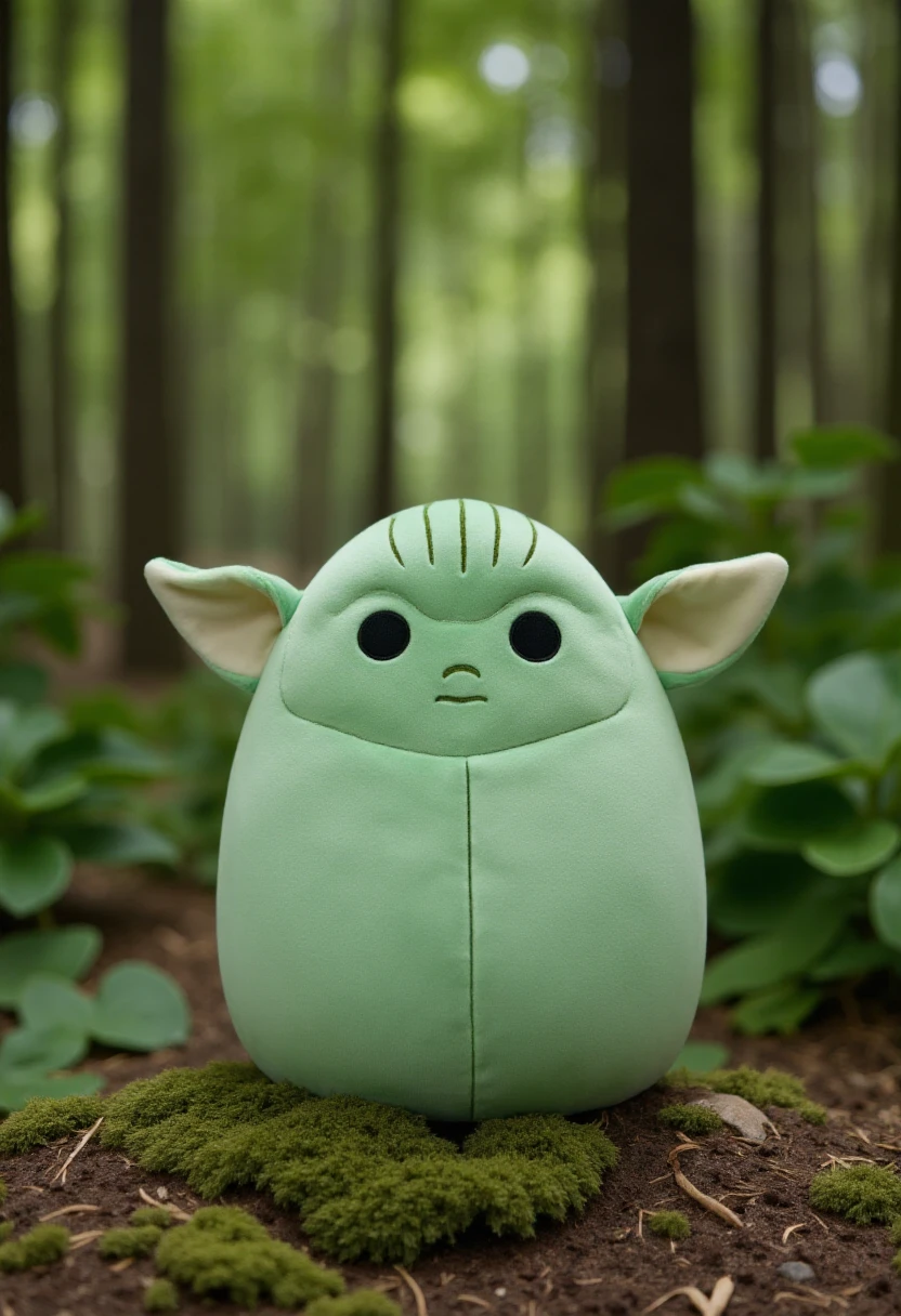 <lora:Squishmallows_FLUX:1.1>
The image is a high-resolution photograph of a plush toy in a Star Wars forest, specifically a stuffed animal designed to resemble Yoda. The plush toy has a round, plump body covered in a soft, green velvety fabric, which gives it a plush and cuddly texture.