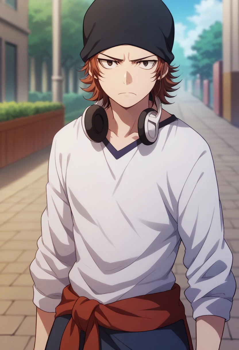 score_9, score_8_up, score_7_up, source_anime, highly detailed, 

misaki, 1boy, male focus, solo, red hair, brown eyes, hat, beanie, black headwear, headphones, headphones around neck, shirt, white shirt, clothes around waist, sweater around waist, upper body, frown,

outdoor, 