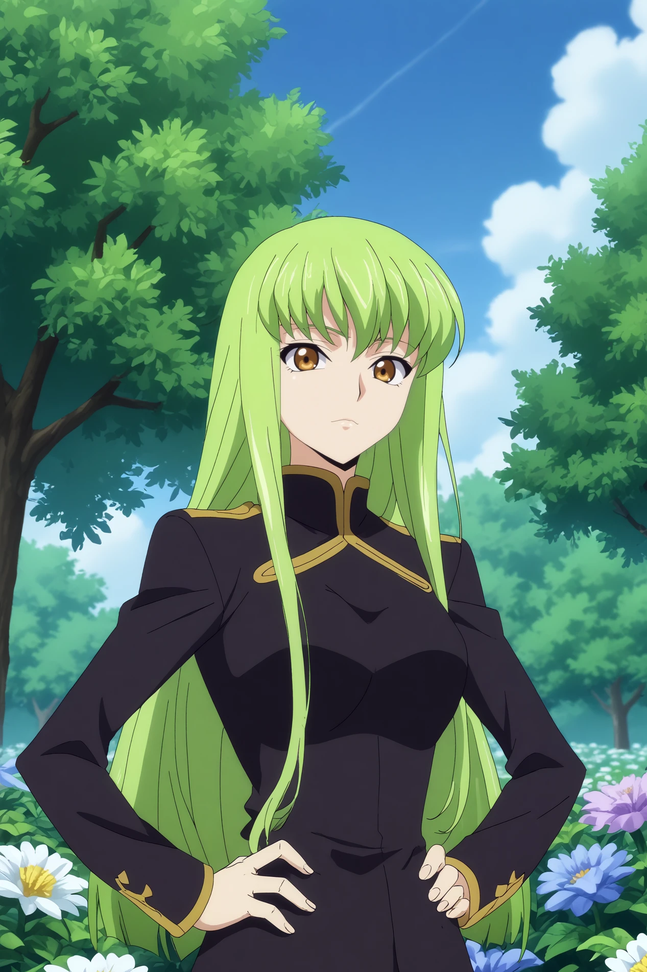  c.c,1girl,solo,mature,light green hair,long hair,bangs,looking at viewer,closed mouth,Black Knights uniform,very long hair,upper body BREAK outdoors,forest,purple tree,blue sky,purple flowers,flowers everywhere,flower_field,   Posing with one leg raised and hands on hips,  <lora:C.C_-_Code_Geass.safetensors:0.8>