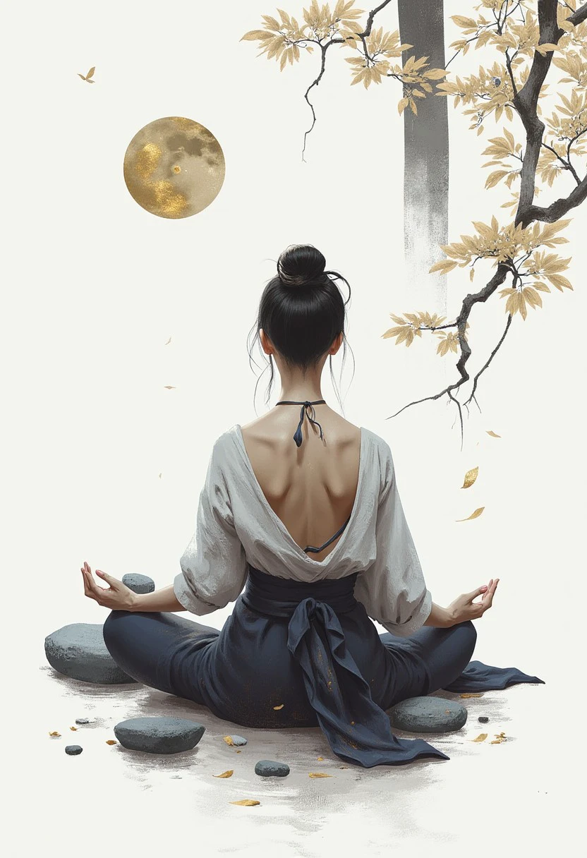 kongji， ink digital art of a woman meditating