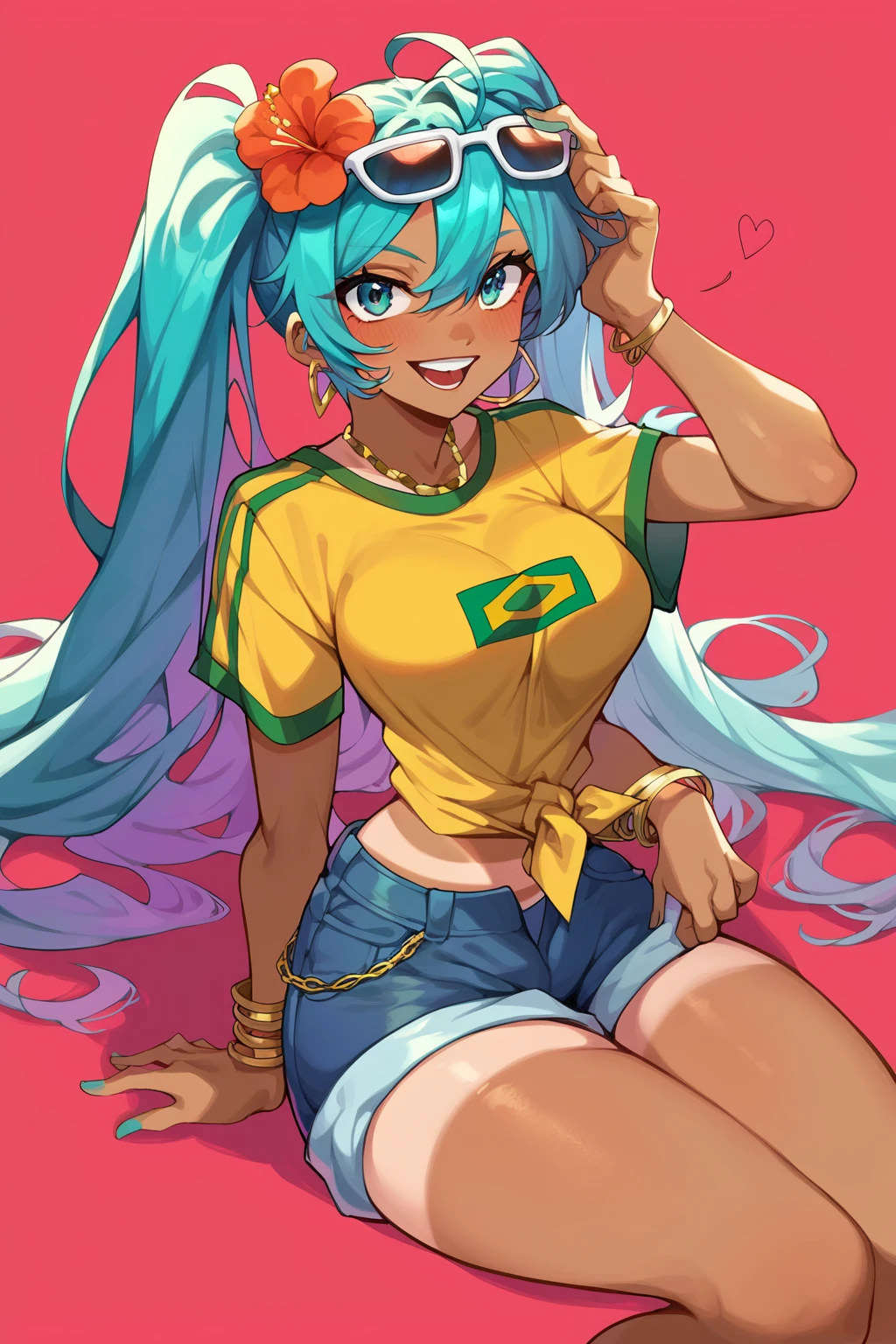 score_9, score_8_up, score_7_up, score_6_up, score_5_up, score_4_up, masterpiece, high quality, BREAK, full body, BREAK, 1girl,   <lora:Brazilian Miku:0.8> aqua hair, sunglasses on head, flower in hair, yellow shirt, brazil flag on shirt, denim shorts, booty shorts, tanned, 1girl, hatsune miku, <lora:MultipleArms:0.9> multiple arms, extra arms,