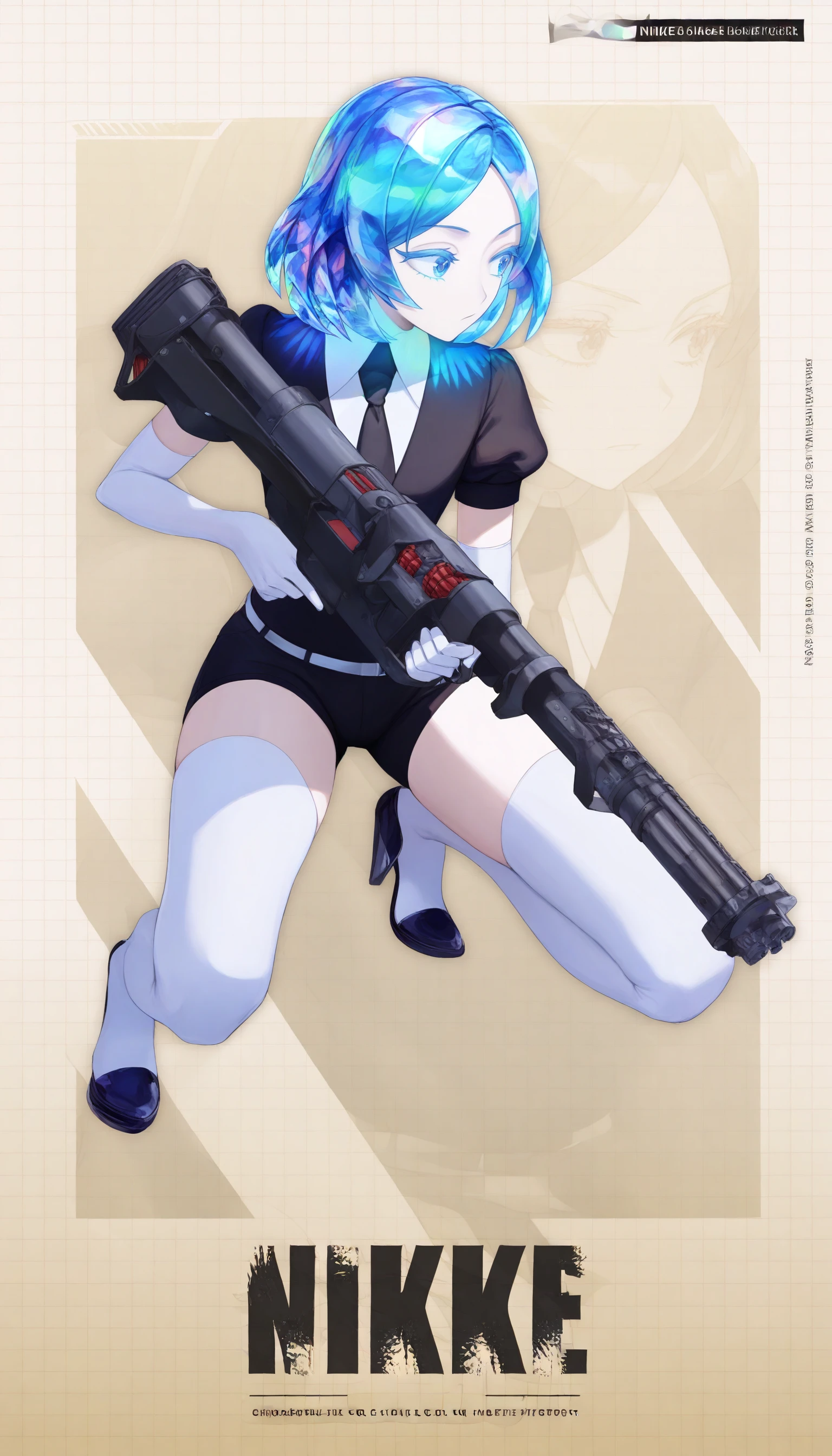 masterpiece, best quality, 1girl, <lora:NikkeProfile_illusXL_Incrs_v1.1:1.1>, NikkeProfile, full body, checkered background, zoom layer, copyright name, character name, english text, logo, holding weapon, holding gun, grenade launcher, on one knee, looking to the side, diamond \(houseki no kuni\), white skin, crystal hair, colored eyelashes, multicolored hair, short hair, black shirt, puffy short sleeves, collared shirt, black necktie, elbow gloves, white gloves, black shorts, white thighhighs