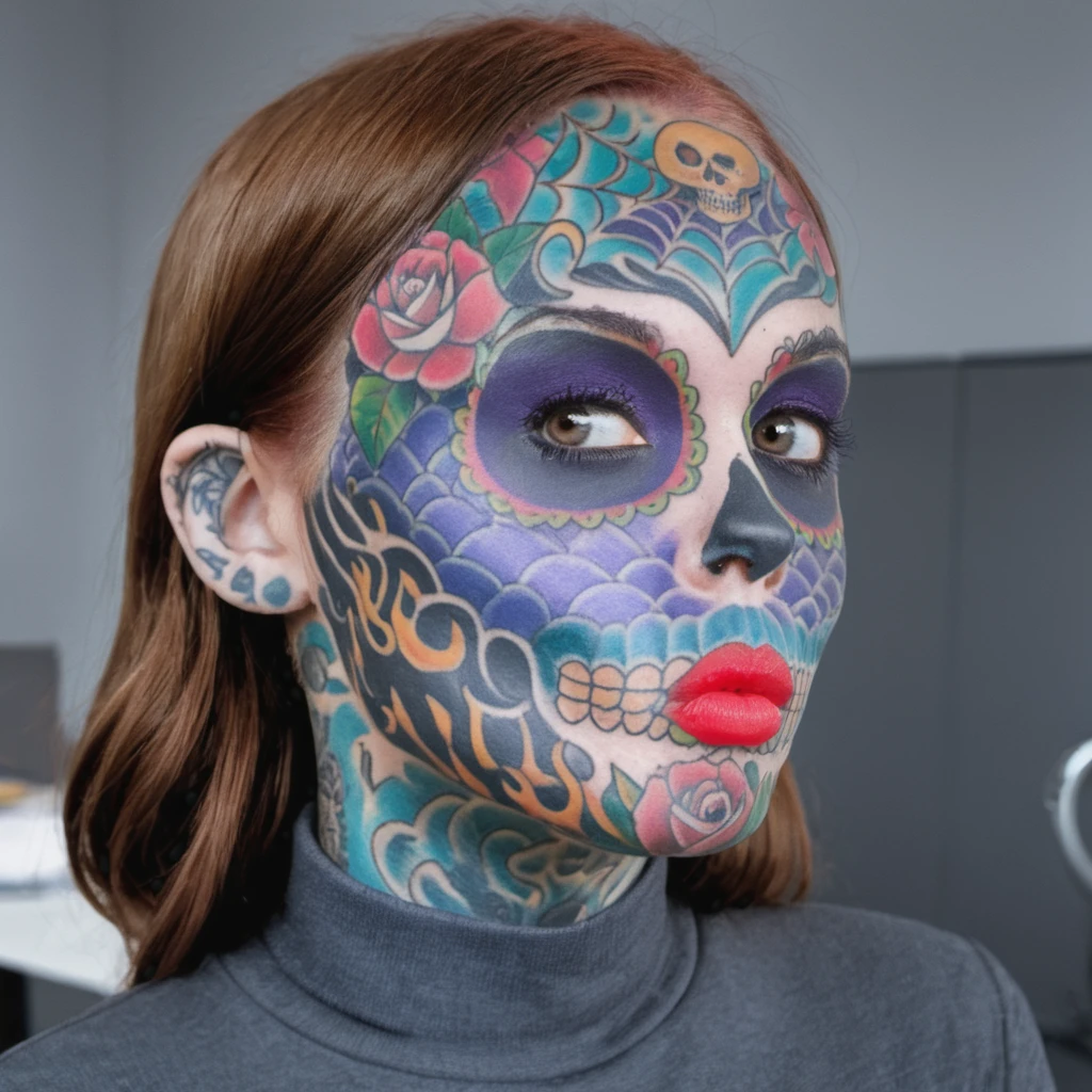 a woman with sugarskullfacetattoo in an office  <lora:sugarskullfacetattoo_SDXL:1>