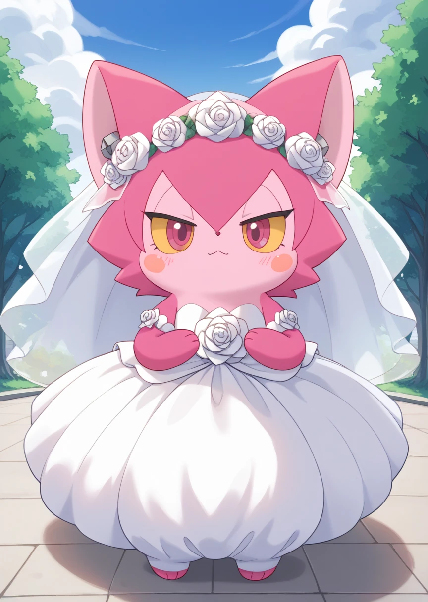 score_9, score_8_up, score_7_up, score_6_up, score_5_up, BREAK
Yurano, anthro, female, no humans, blush stickers, solo, animal ears, 1girl, closed mouth, furry, park, pink fur, colored sclera, yellow sclera, wedding dress, wedding veil, church