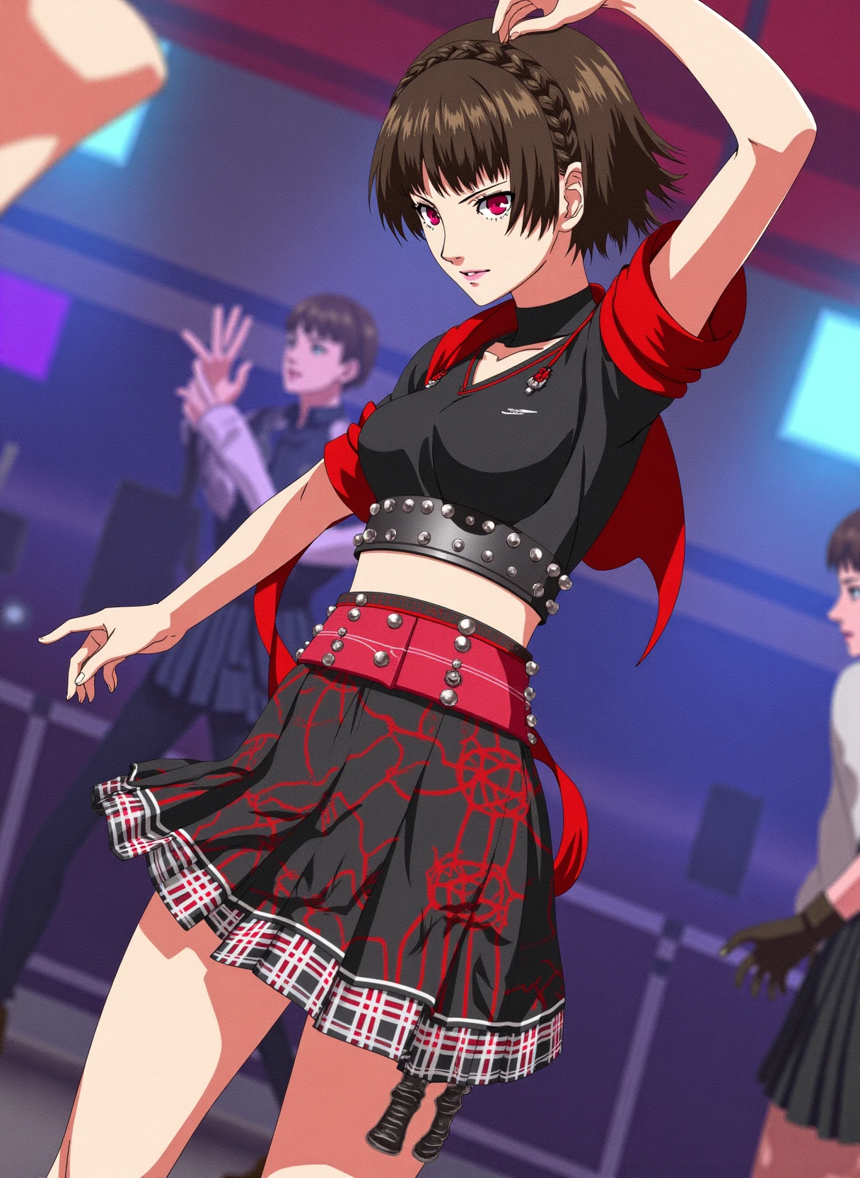 <lora:persona5_niijima_makoto_flux_v2_2-000011:1>
niijima_makoto She is wearing a punk-style, rebellious ensemble with edgy, bold details. It consists of a black, short-sleeved top with red accents, including a flowing red sash tied around the upper arm. The top is paired with a black-and-red plaid pleated skirt, giving it a schoolgirl aesthetic with a tougher edge. The character also wears a studded belt with metal accents around the waist, adding a more rock-punk vibe. Knee-high black socks and combat boots complete the outfit, reinforcing the tough, rebellious attitude. The overall look is a blend of street style and punk fashion, exuding confidence and defiance. She is dancing in a nightclub. Full body. 
Anime style, sharp, high contrast and highly detailed.