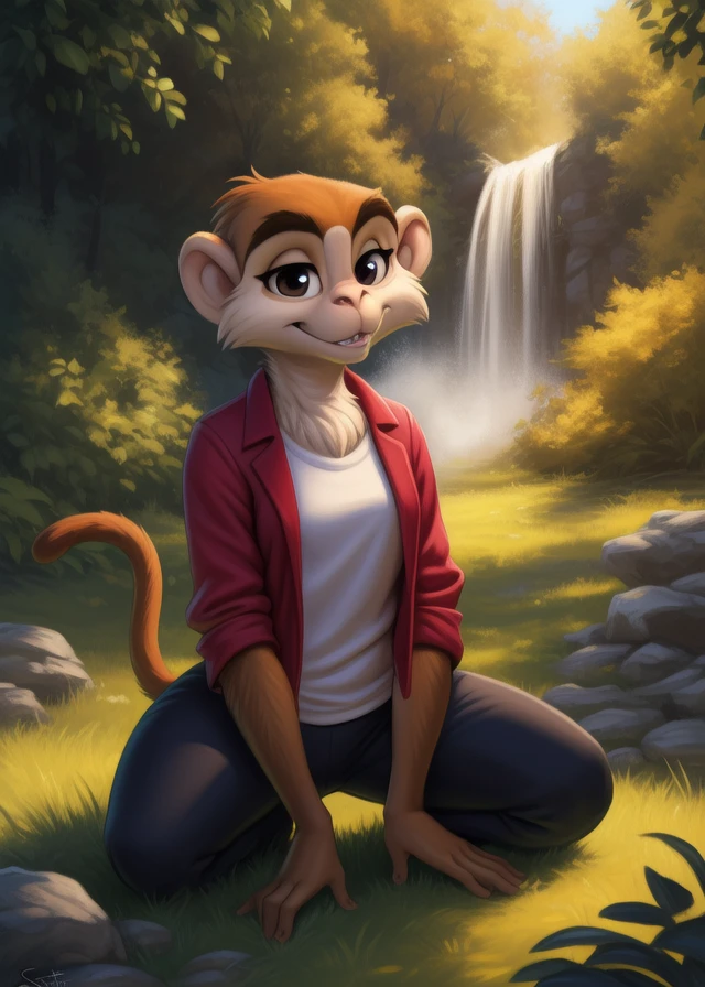 <lora:MrNilPipLonYif:0.8>  MrNilPipLon, monkey, white t-shirt, red jacket, black pants, ( chibi, small body,)
Looks at the viewer, [ solo, nature, forest, day, clouds, waterfall, nude, naced,]((cowgirl position,))
beautiful, aesthetic, perfect, delicate, intricate, saturated colors, masterpiece, digital drawing, best quality,  
[by personalami], by smitty g, [[[by Foxovh]]], [[by Ross Tran]]