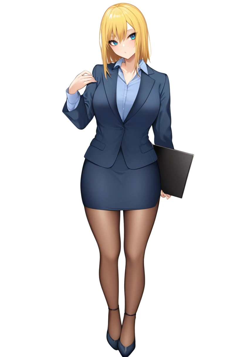 masterpiece, best quality, good quality, 1girl, solo, office lady, skirt suit, blue eyes, full body, standing, white background<lora:danimaru illustrious 004:1>