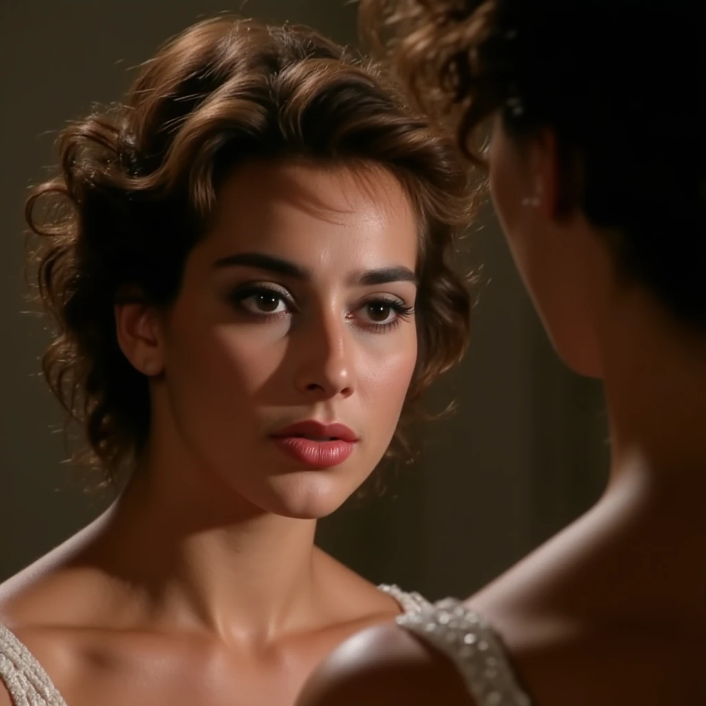 cinematic film still of  <lora:Rosa72 v1:0.9>
Rosa72 a young short curly hair woman is looking in a mirror, perfect image, perfect body, perfect anatomy, sharp image, detailed image, Kodak film, high quality photography, Rosa Caracciolo style, solo, brown hair, brown eyes, collarbone, looking to the side, lips, portrait, curly hair, red lips, warm skin tone color, shallow depth of field, vignette, highly detailed, high budget, bokeh, cinemascope, moody, epic, gorgeous, film grain, grainy