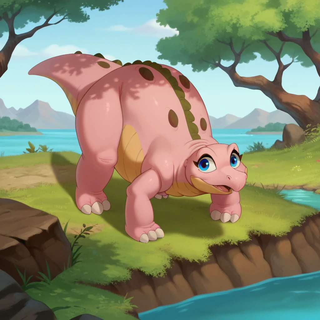 score_9, score_8_up, score_7_up, score_6_up, score_5_up, score_4_up, source_furry, Spikelbt, young feral,  Stegosaurus, female, pink skin, eye lashes, scalie, dinosaur, blue eyes, beside a river, <lora:70f70b50-653d-427e-bfa3-382971545870:0.7>