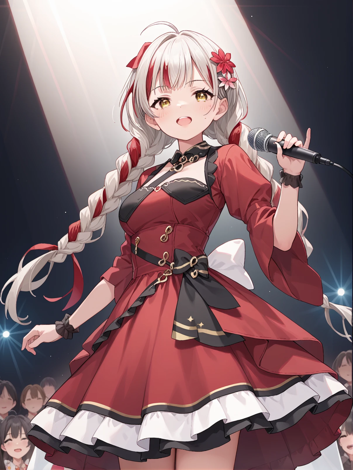 score_9,score_8_up,score_7_up,score_6_up,score_5_up,score_4_up,source_anime,source_cartoon,
1girl wearing an (idol dress),
idol dress,red dress,
idol,stage,((singing)),holding microphone,dutch angle,spotlight,light beam,cowboy shot,
<lora:Xuanxiaozhi3:0.6>,xuanxiaozhi,long hair,twin braids,braid,ahoge,breasts,hair flower,hair ornament,yellow eyes,virtual youtuber,white hair,red hair,<lora:idol_dress-PD-1.0:1>,