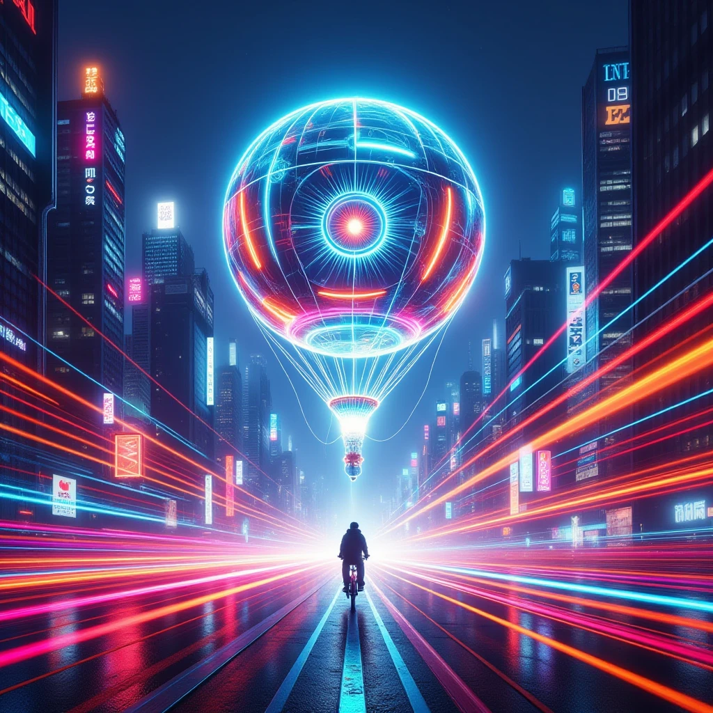 professional 3d model  In the futuristic cityscape, amidst the vibrant light trails, add a large, glowing balloon that hovers above the scene. The balloon could be transparent or semi-transparent, with internal light sources that give it a neon glow, matching the city's energy. It could be tethered to the ground by thin, glowing cables, subtly blending technology and whimsy. The balloon floats above the cyclist, adding a contrast between grounded motion and the lightness of flight.
The balloonâs material could appear high-tech, reflecting the lights of the city, or have a more surreal, dream-like quality, as if it doesn't quite belong in this technological world. It adds an element of wonder to the scene, balancing the fast-paced movement below with a calm, floating presence above
 . octane render, highly detailed, volumetric, dramatic lighting