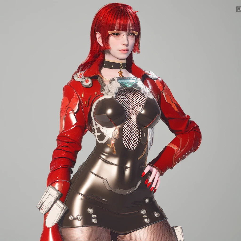 hand on hip, bangs, blunt bangs, upper body, black choker, science fiction, 1girl, cyborg, chain, fishnet pantyhose, red nails, red hair, underwear, fishnets