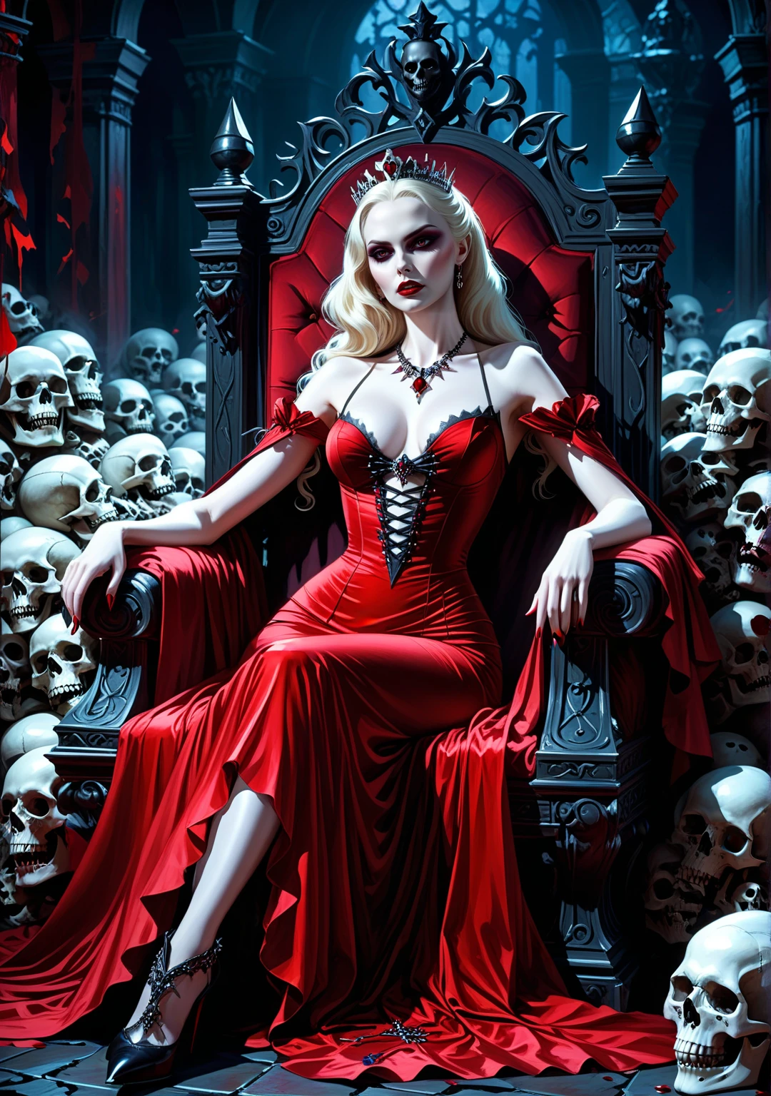 A seductive vampire queen reclines on a throne of skulls. Her pale skin contrasts with her blood-red gown. Dark shadows cling to her form, hinting at hidden power. Rich, painterly style with dramatic lighting, deep shadows, and a focus on expressions and mood.