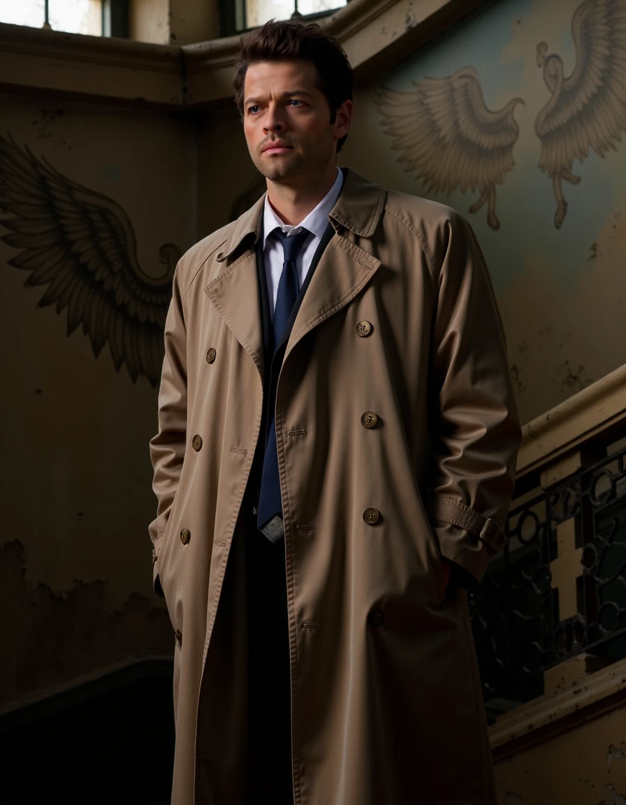 <lora:Castiel_Flux:1> slightly matte fabric. The man is wearing a dark tie, looking towards the left side of the image. The staircase has an ornate, neatly styled light brown hair, likely in a dimly lit room with natural light filtering through sheer, weathered wall with a mural of angel wings. The man is dressed in a beige trench coat over a white shirt and a dark tie, The image is a photograph featuring a man standing indoors, with a focused expression. The trench coat