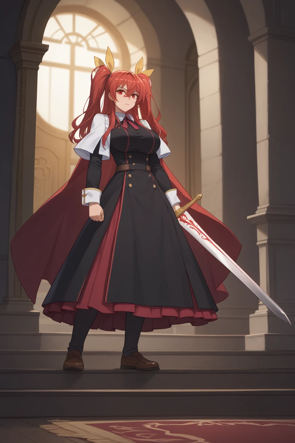 score_9, score_8_up, score_7_up, score_6_up, score_5_up, score_4_up, masterpiece, high quality, BREAK, full body, BREAK, 1girl, BREAK, <lora:Stella Vermillion:0.8> red hair, twin tails, yellow hairpieces, claymore, gigantic sword, broadsword, red eyes, large breasts,