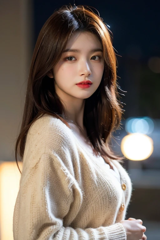 masterpiece, best quality, ultra-detailed, ultra high res, (photorealistic:1.4), raw photo, (realistic:0.2), 8k HDR, realistic lighting, 1girl, solo, (asian:0.2), asymmetrical hair, outdoor, night, (simple background:1.4), bokeh, (detailed lips), (detailed pores), (detailed skin textures), (detailed face:1.2), (full body:1.2), a woman in a cardigan, promotional image, a character portrait,