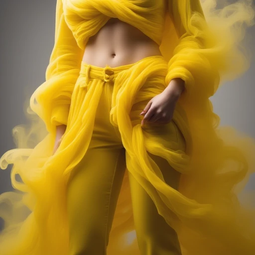 create an image is of a woman wearing jeans made of yellow smoke cloth. the cloth has the texture and apearance of thick smoke shaped like cloth